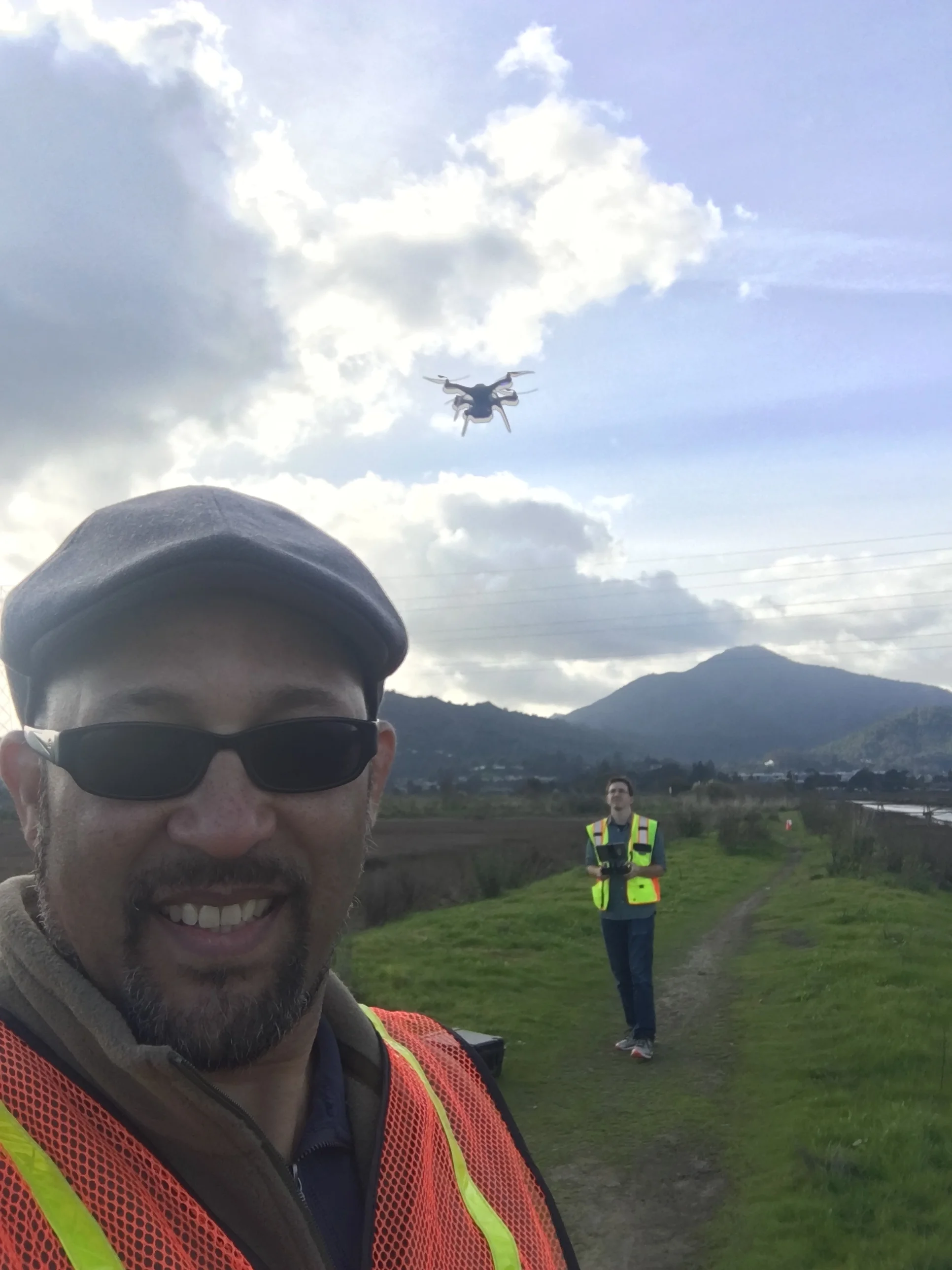 Figure 5. Tony Hale and Pete Kauhanen of the San Francisco Estuary Institute, flying the 3DR Solo unmanned aerial vehicle in the Corte Madera Marsh, February 21, 2018