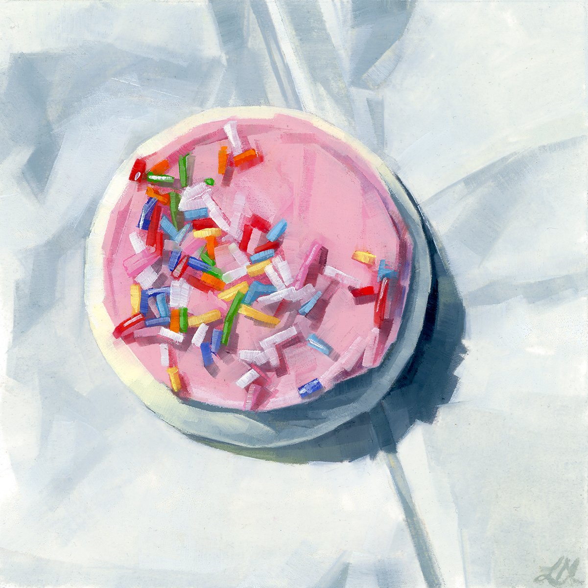 Big Pink Cookie, oil on paper, 6" x 6", 2023