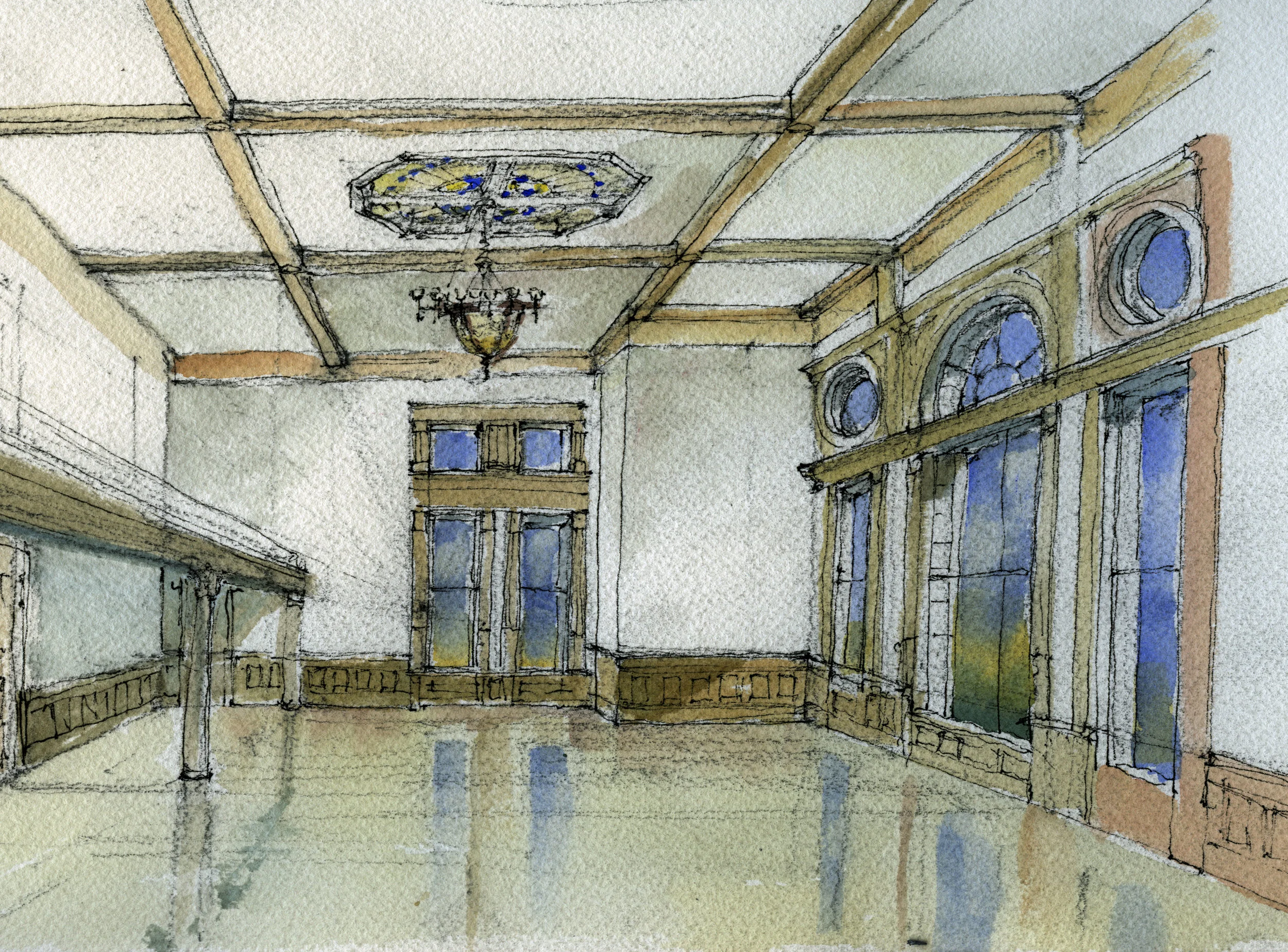 The restored room is envisioned in a watercolor design sketch by Paul Brown, a member of the project team. The stained glass laylight and the chandelier were in another room and will be returned to their original location in the historic chamber.