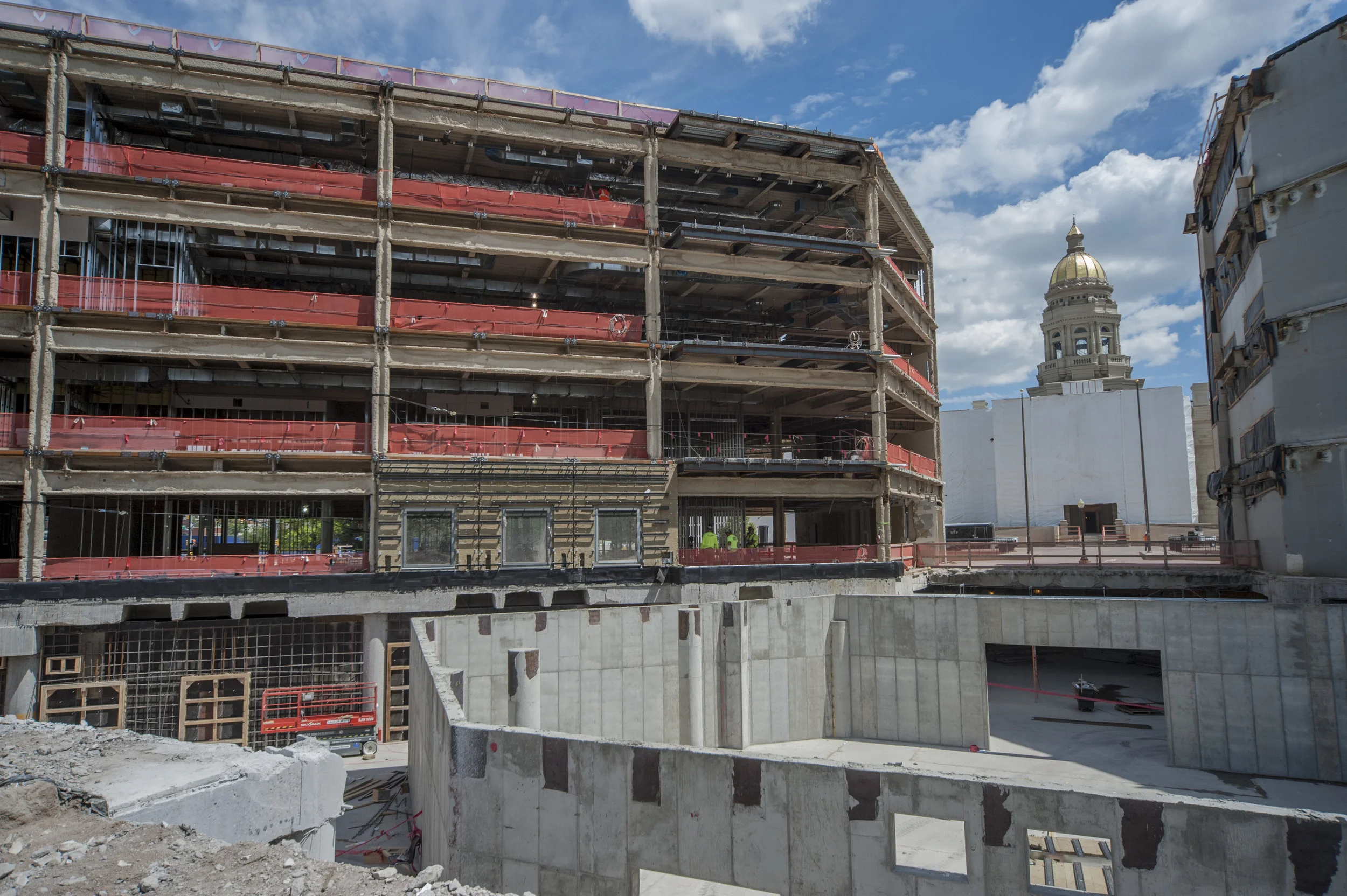 The first wall panels have been placed on the north side of the east wing of the Herschler Building.