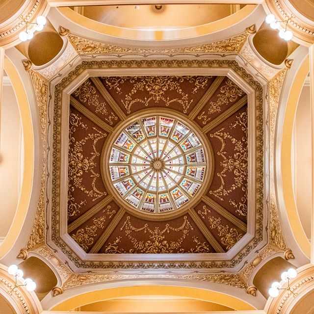 The restored 1888 trompe l’oeil paint pattern frames the beautiful stained glass lay light in the Capitol rotunda. The Capitol is reopening after a critical restoration with a celebration on the afternoon of July 10, Wyoming Statehood Day. Come join us!