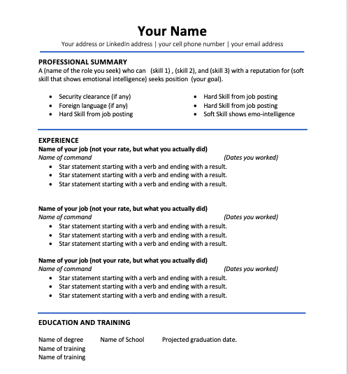 Free Resume Template for military job hunters
