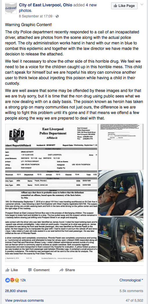 Screenshot of “Warning Graphic Content!”, City of East Liverpool, Ohio Facebook page, September 15, 2016. https://www.facebook.com/cityofeastliverpool/posts/879927698809767