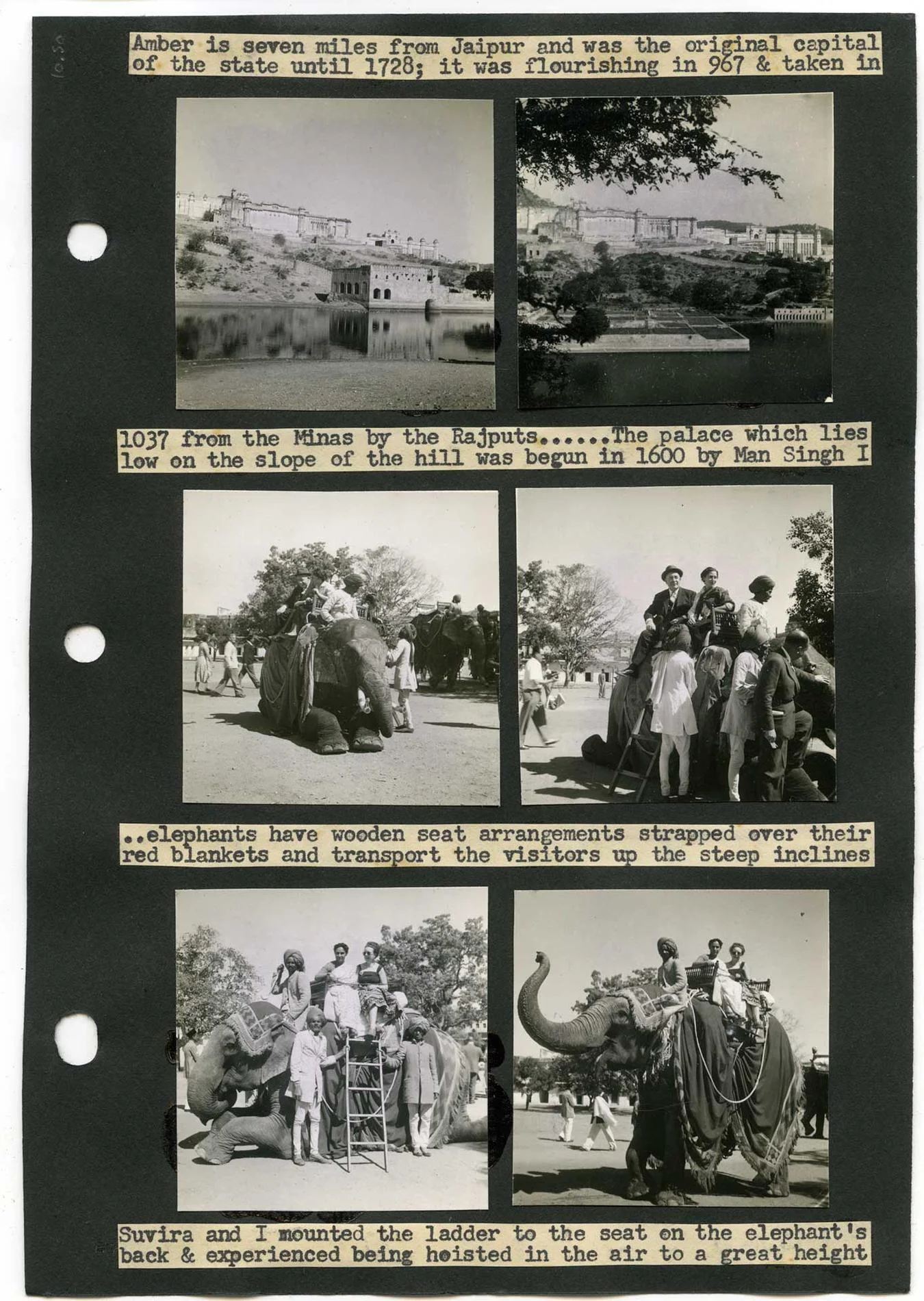 Margaret Corry, album-page showing elephant riding in Jaipur, India. From Margaret Corry’s album of travels through Hyderabad, Ajanta, Dehra Dun, Madras, Delhi, Agra, Jaipur, Gaspe, Quebec, and Ontario. 1954. Gelatin silver prints and typed captions mounted on paper. Gift of Beverley Martin. Courtesy of The Family Camera Network and the ROM. 2017.34.10.26 (Photo: Courtesy of Brian Boyle MPA, FPPO photo, 2017 © ROM).
