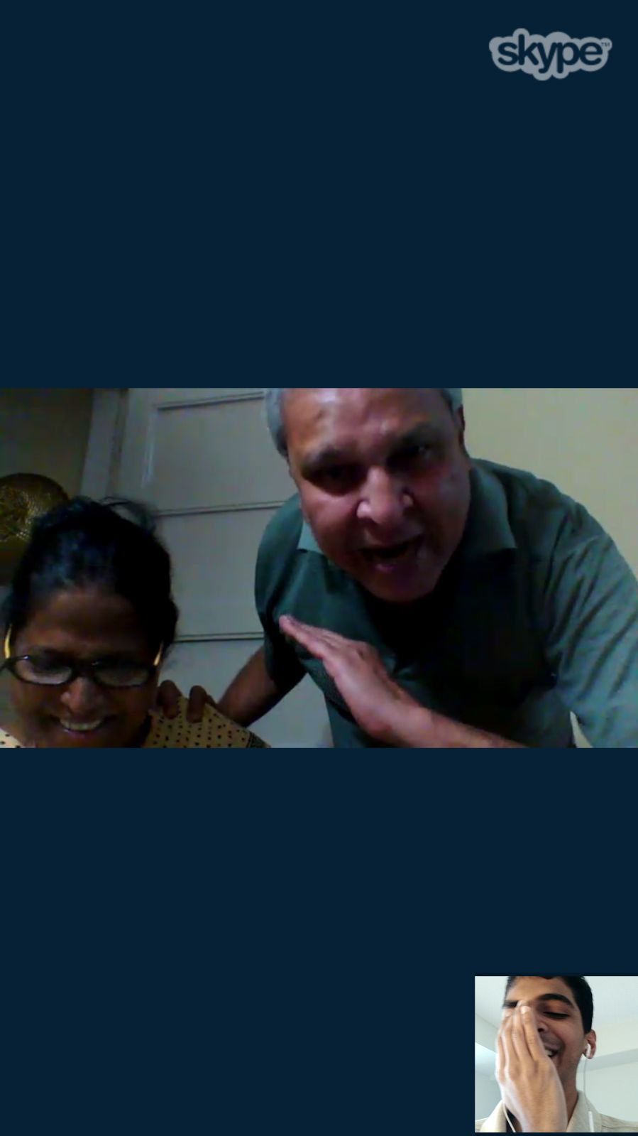 Skype conversation between Mudit Ganguly and his parents, Mali and Alin. Screenshot by Mudit Ganguly. 2017. Toronto, Ontario; Mumbai, India. Digital image. Gift of Mudit Ganguly. Courtesy of The Family Camera Network and the Canadian Lesbian and Gay Archives.