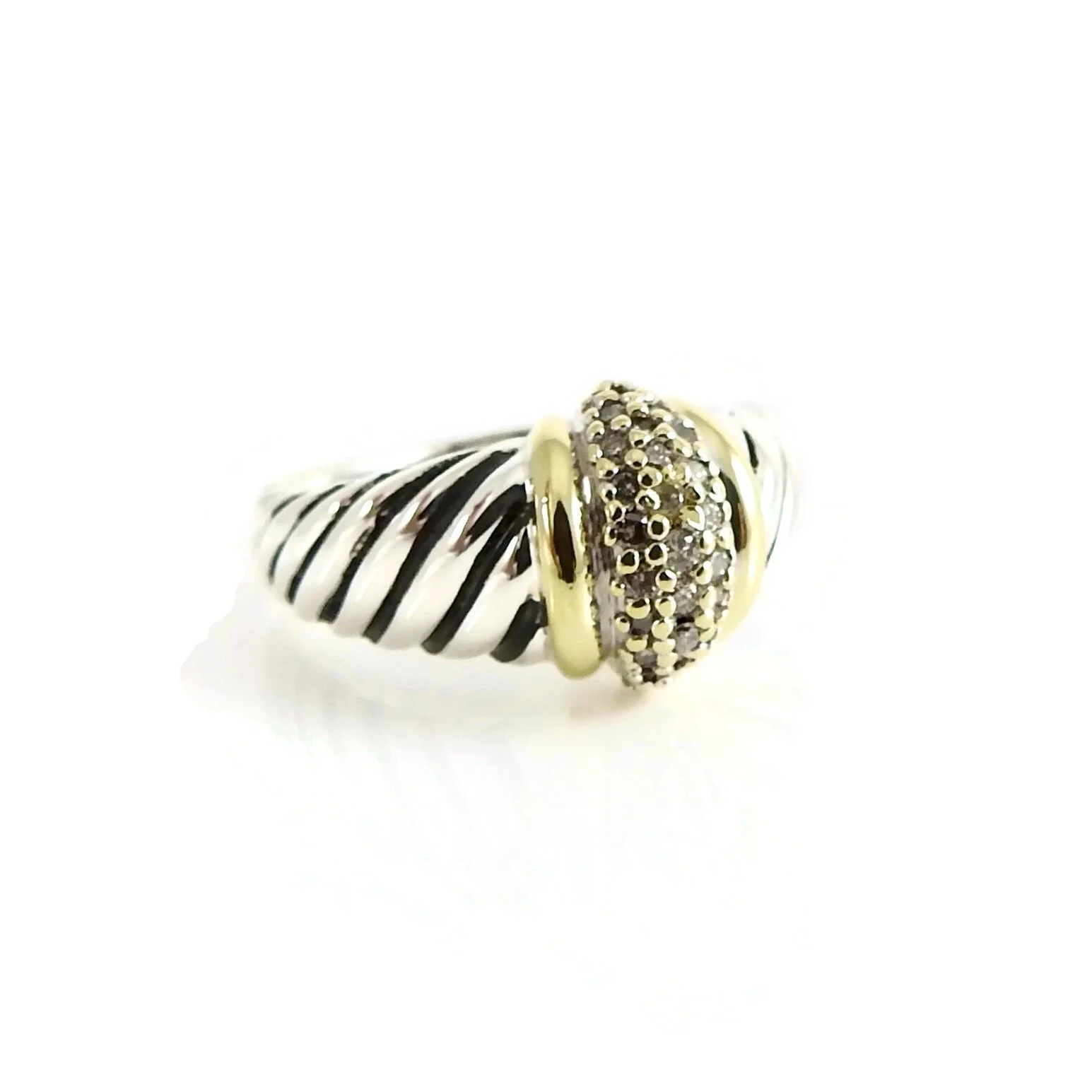David Yurman Sterling Silver 18K Yellow Gold Small Pave Diamond Dome Shrimp Ring