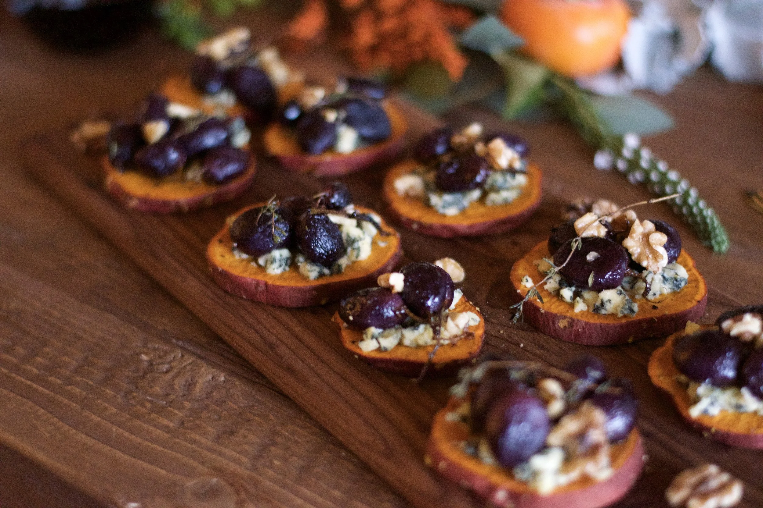 Sweet Potato Rounds with Maple-Roasted Grapes + Stilton