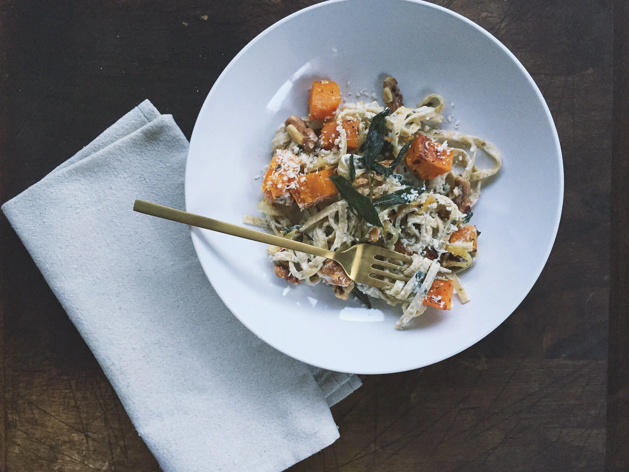 Butternut Squash Linguine with Chevre + Crispy Fried Sage 