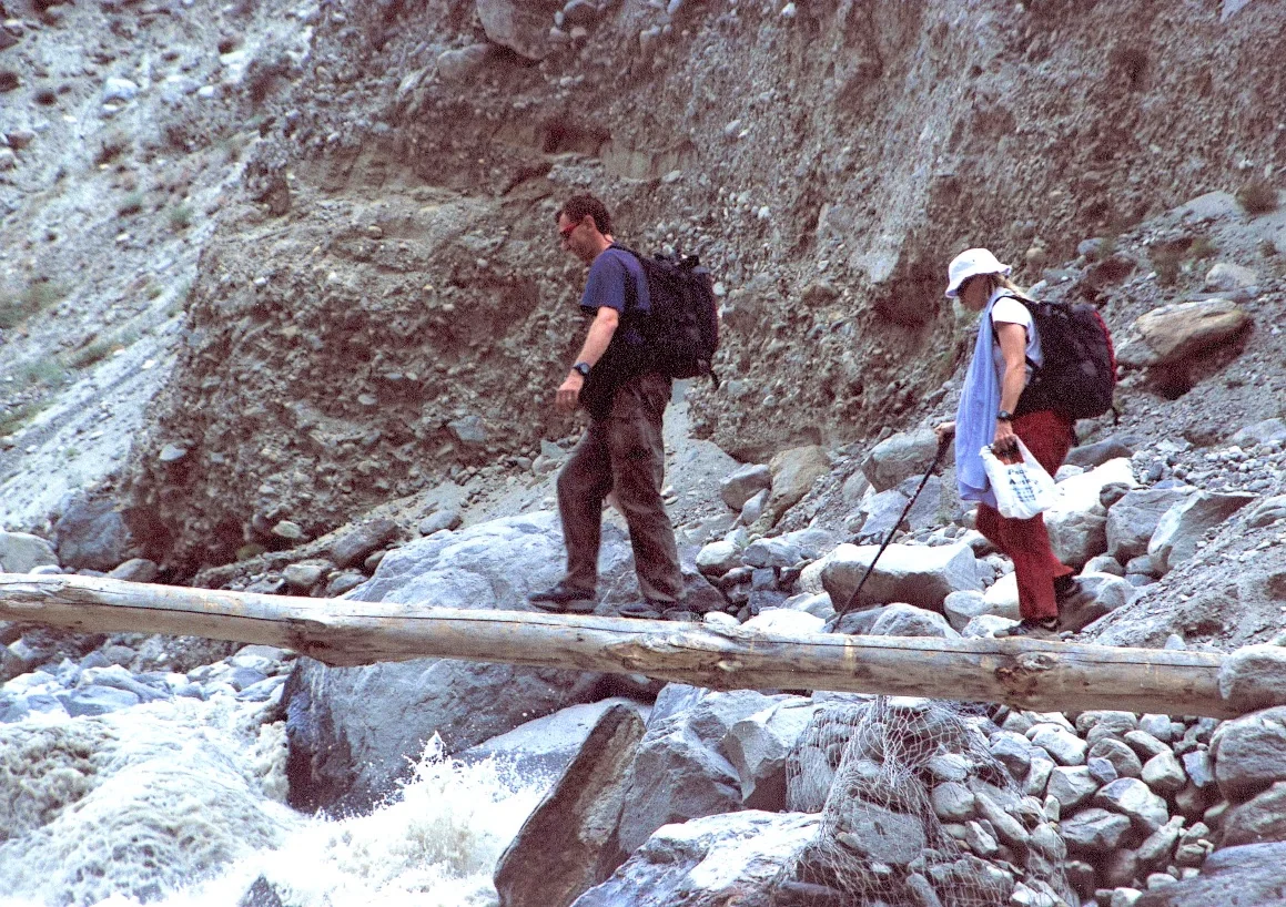 Glenn and I crossing the Indus River on our way to the Great Trango Tower in Pakistan.