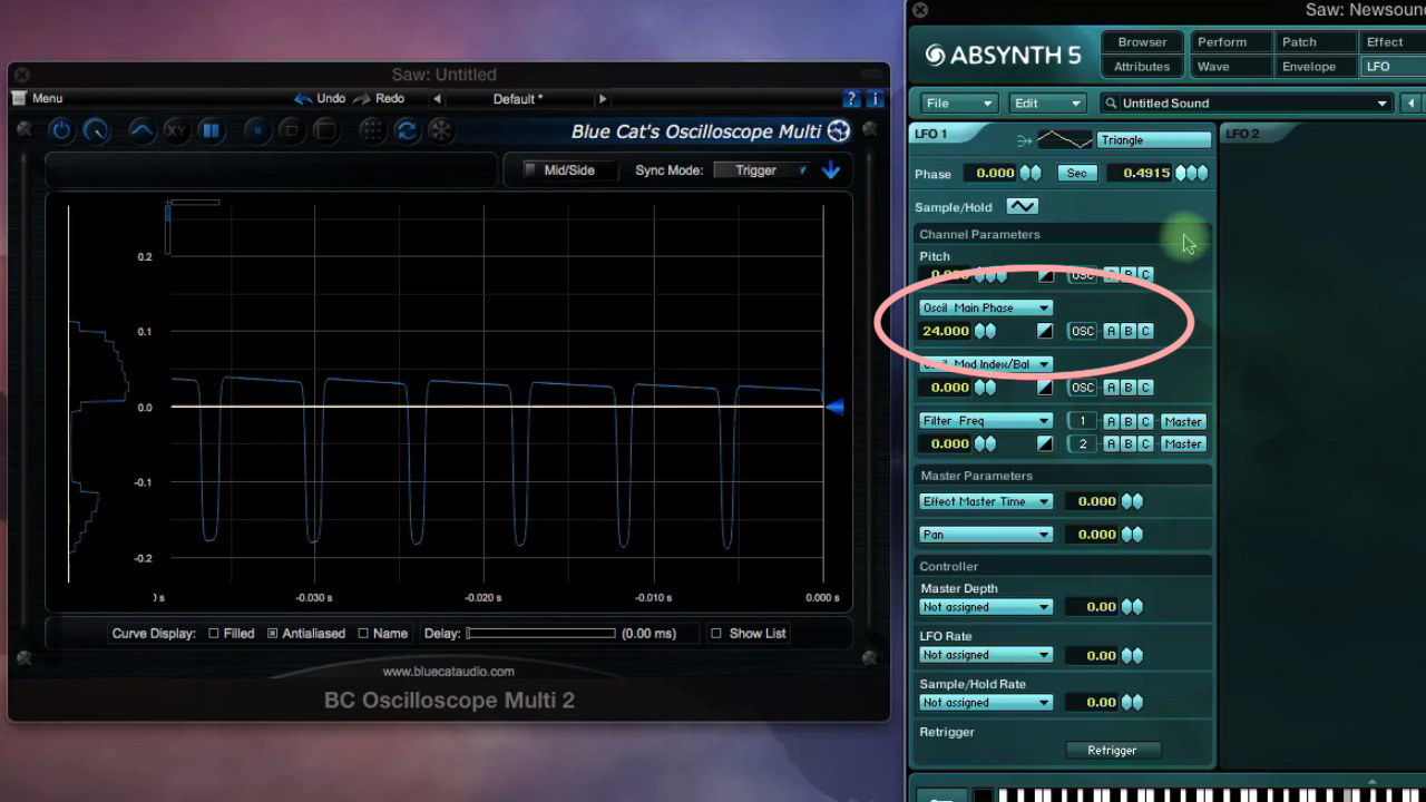 Fig.5 - Modulating Pulse-width: Phase of 1st Saw wave with Absynth's LFO.