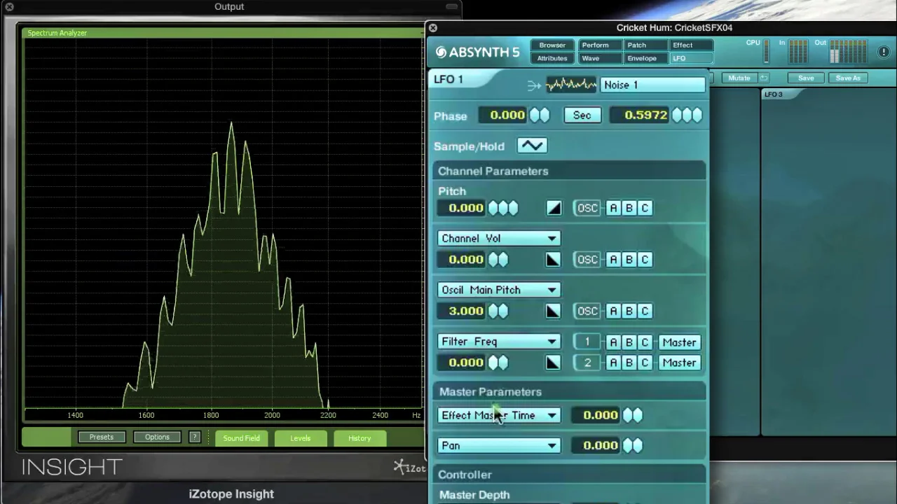 Fig.15 - Modulating the Bandpass Filter Freq (cutoff) in Absynth, with a Noise 1 LFO creates a cloudy, organic sound.