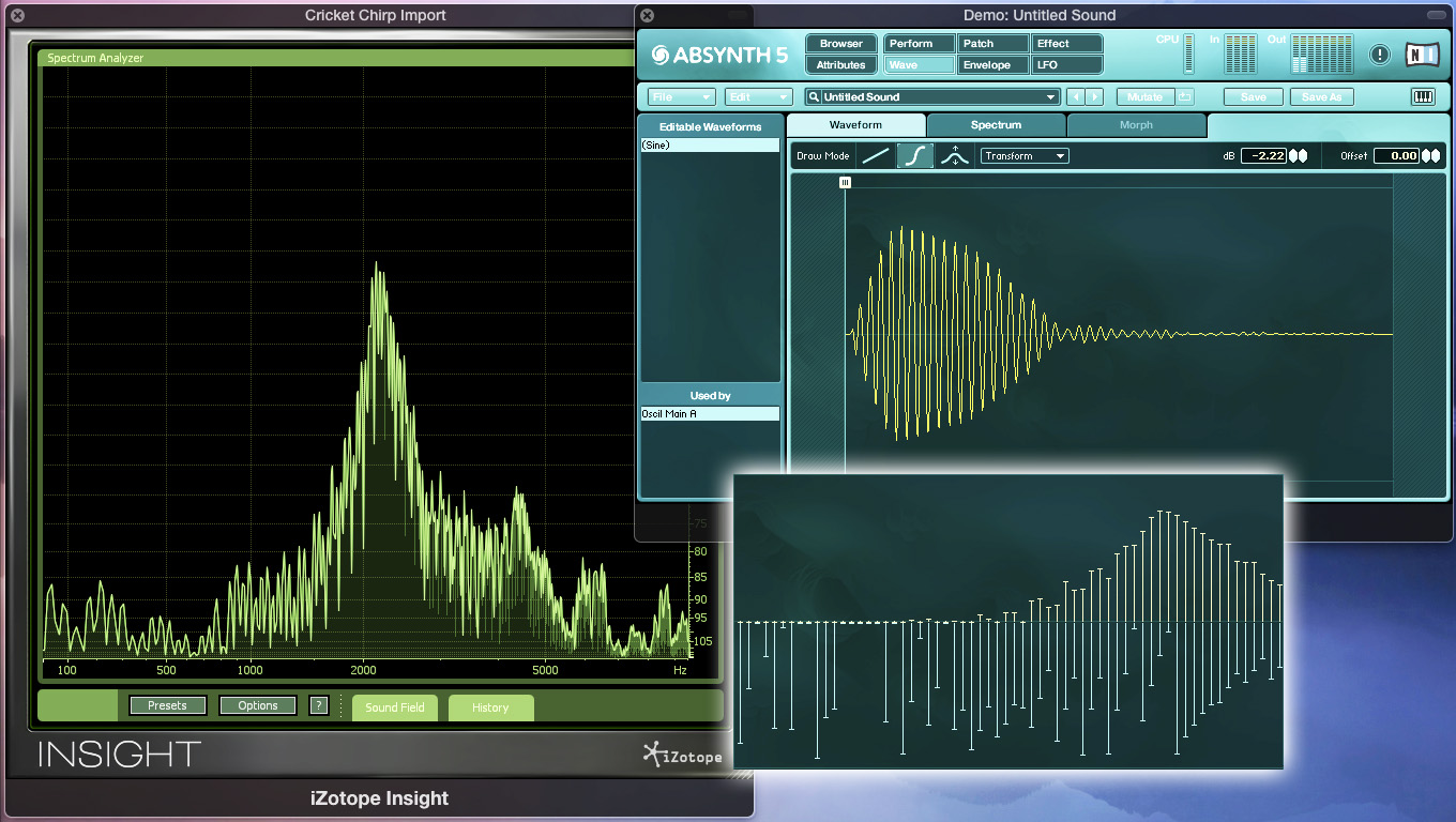 Fig.12 - Using Absynth's 'Import from Audio File' Transform function, a sample of the Mole Cricket chirp confirms the frequency cluster (44.1khz resampled). This is used as a fixed frequency oscillator in Absynth at 42.8hz. You can see the Phase information for each harmonic is preserved to give an accurate Waveform. Variation to the chirp over time can easily be added with LFOs. See the Microsounds video.