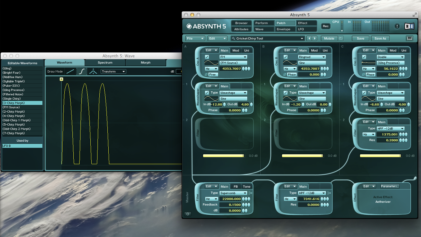 Fig.16 - Main view of the Cricket Chirp Tool, which combines 3 different Oscilators, Custom LFO Shapes and Delay FX.