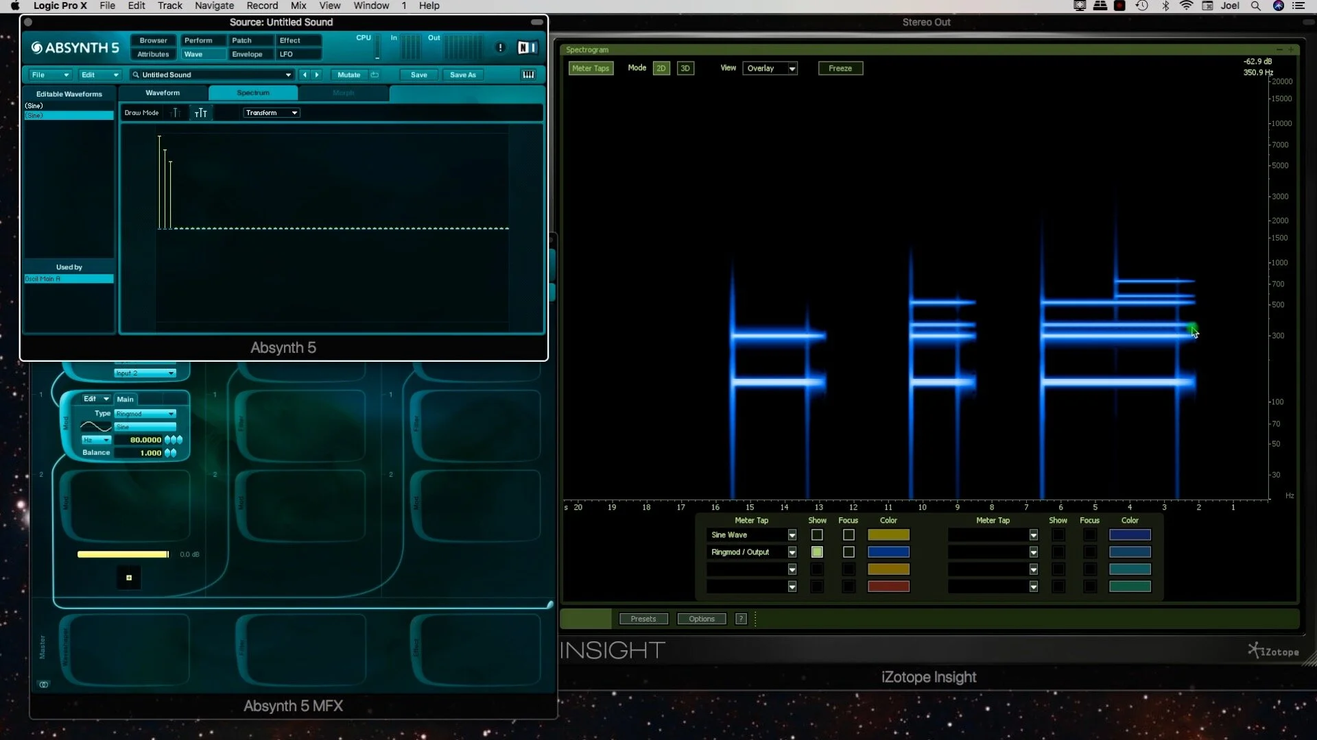 Fig.1 Results from adding 1st, 2nd and 3rd harmonic to Carrier Wavetable, with Ring modulation @80hz.