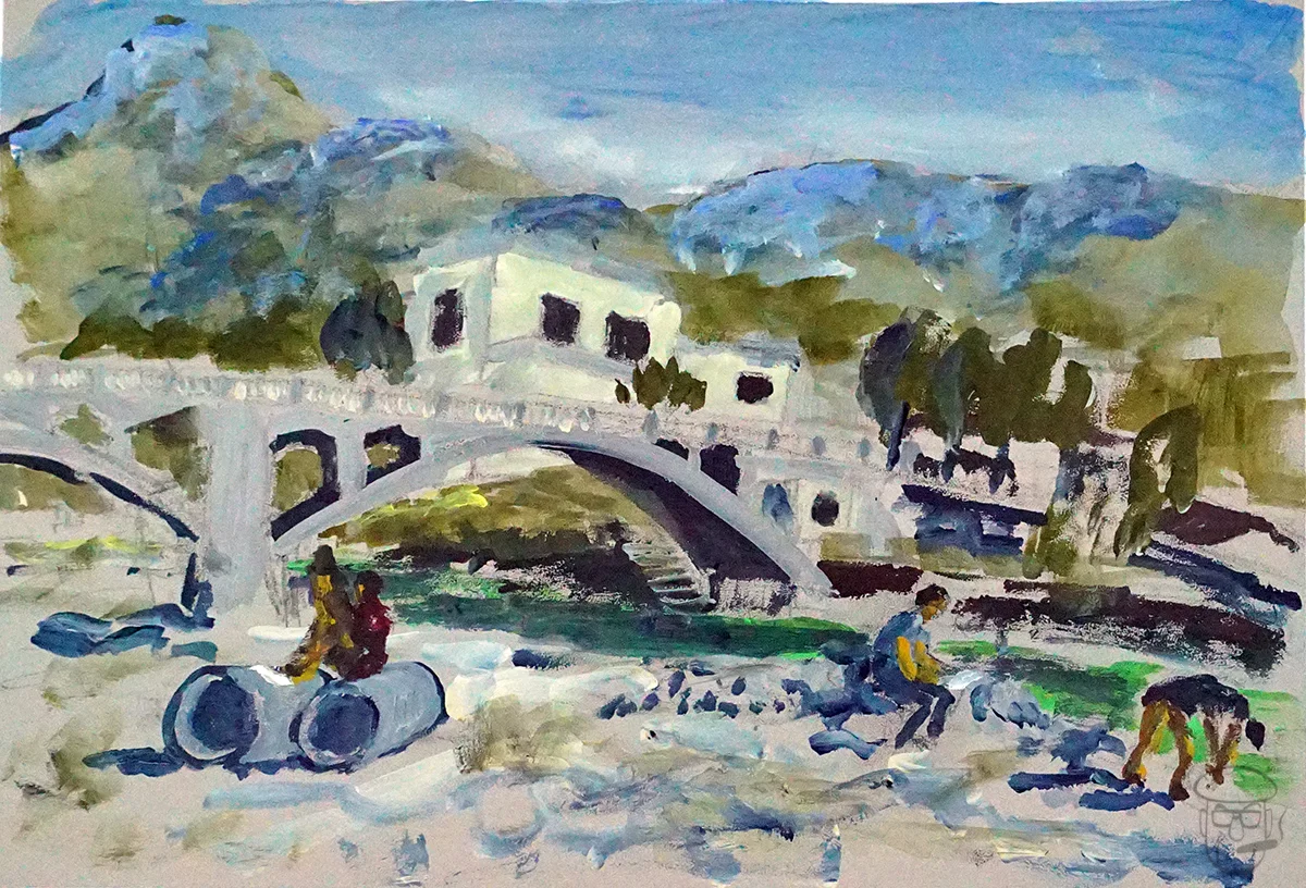 Steve & Dapeng with washer woman and bridge