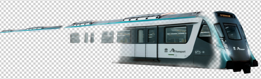 Modern passenger tram with a sleek design and large windows, labeled 'Sydenham' on the front, with an interior visible through the windows.