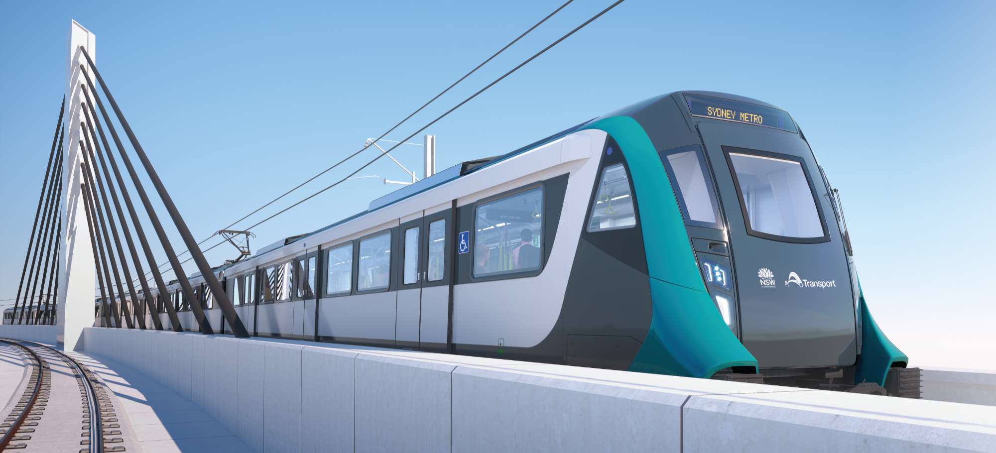 Modern light rail train on an elevated track with a bridge and blue sky in the background, displaying 'Sydney Metro' and 'NSW Transport' logos.
