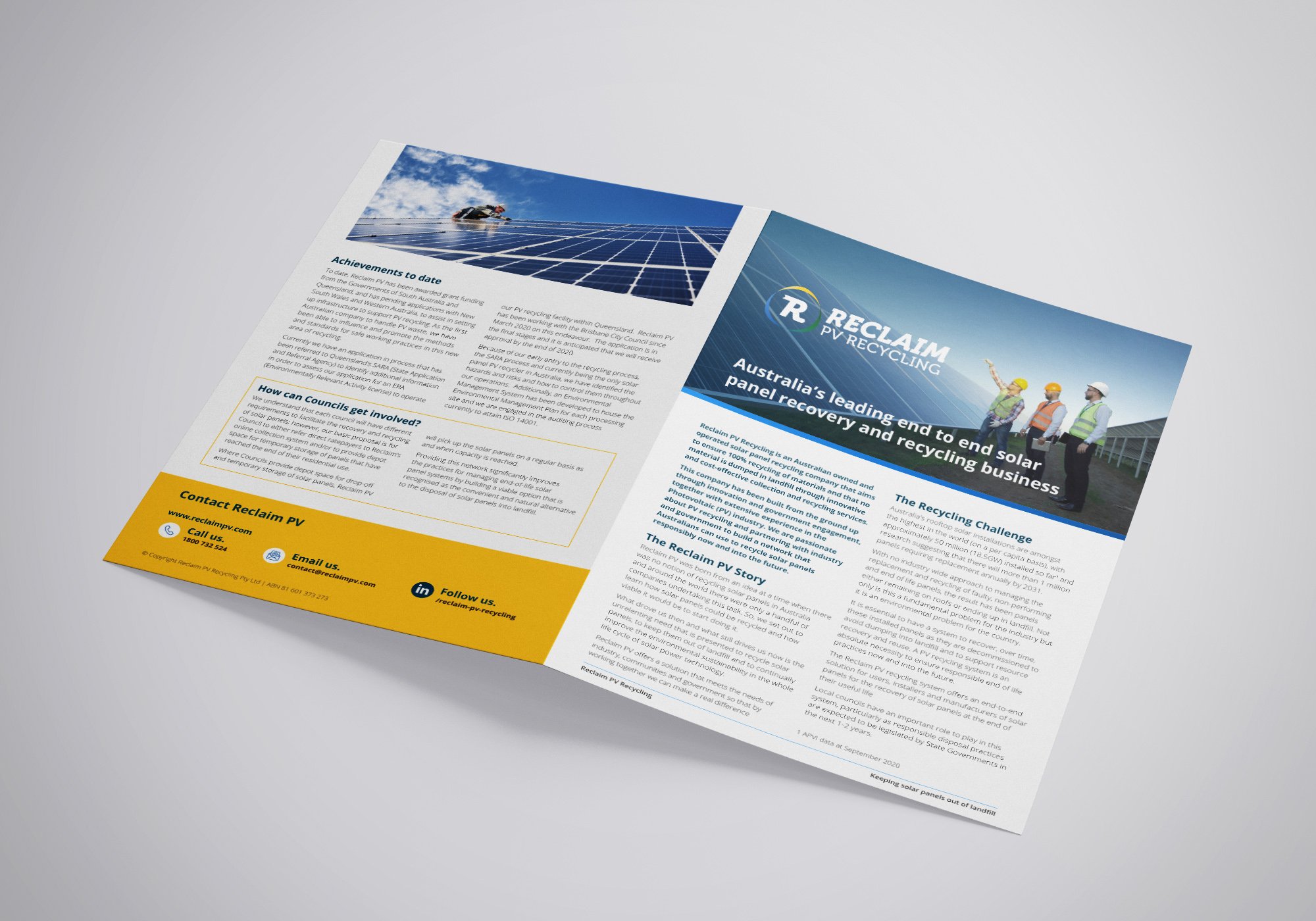 A printed flyer about Australia's leading solar power and recycling business, featuring a photo of workers in safety gear and solar panels, with sections on achievements, government involvement, and environmental impact.