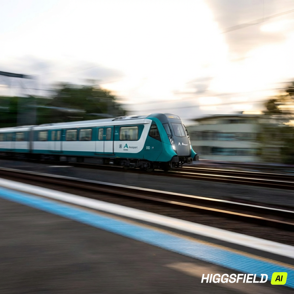 A modern light blue and white train moving at high speed on railway tracks outdoors during sunset.