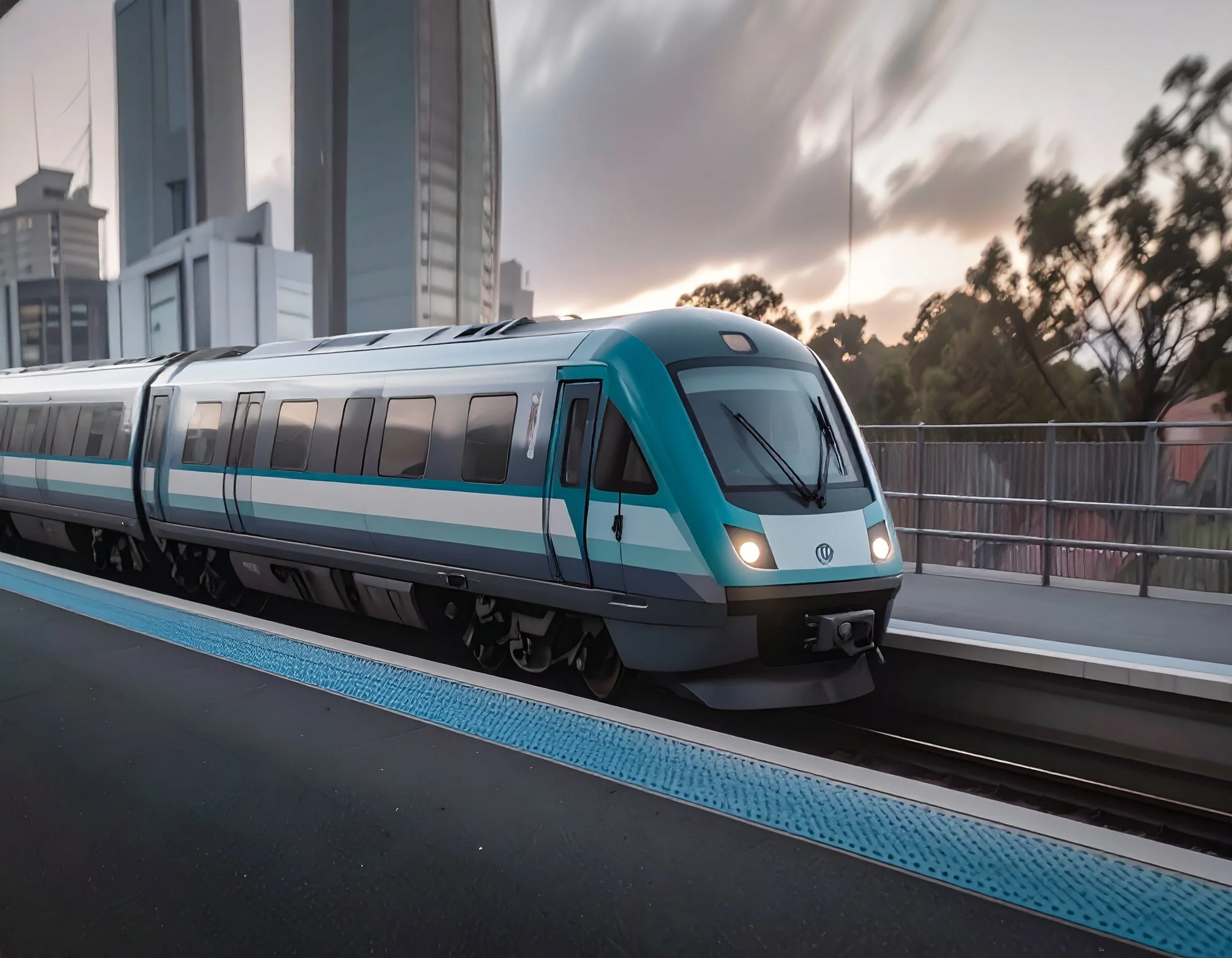 A modern train arrives at a station platform during cloudy weather.