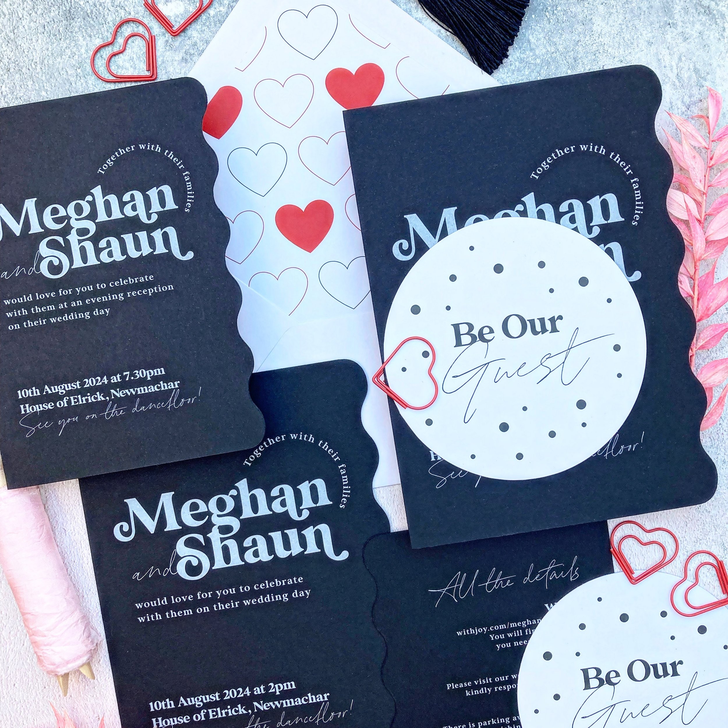 Monochrome with a pop of red for Meghan &amp; Shaun on a custom side wave layered invitation  style ❤️&hearts;️

⠀⠀⠀⠀
#weddingstationery #weddinginvitations #invitations #prettypaper #lovepaperco #pursuepretty #modernweddingstationery #scottishweddin