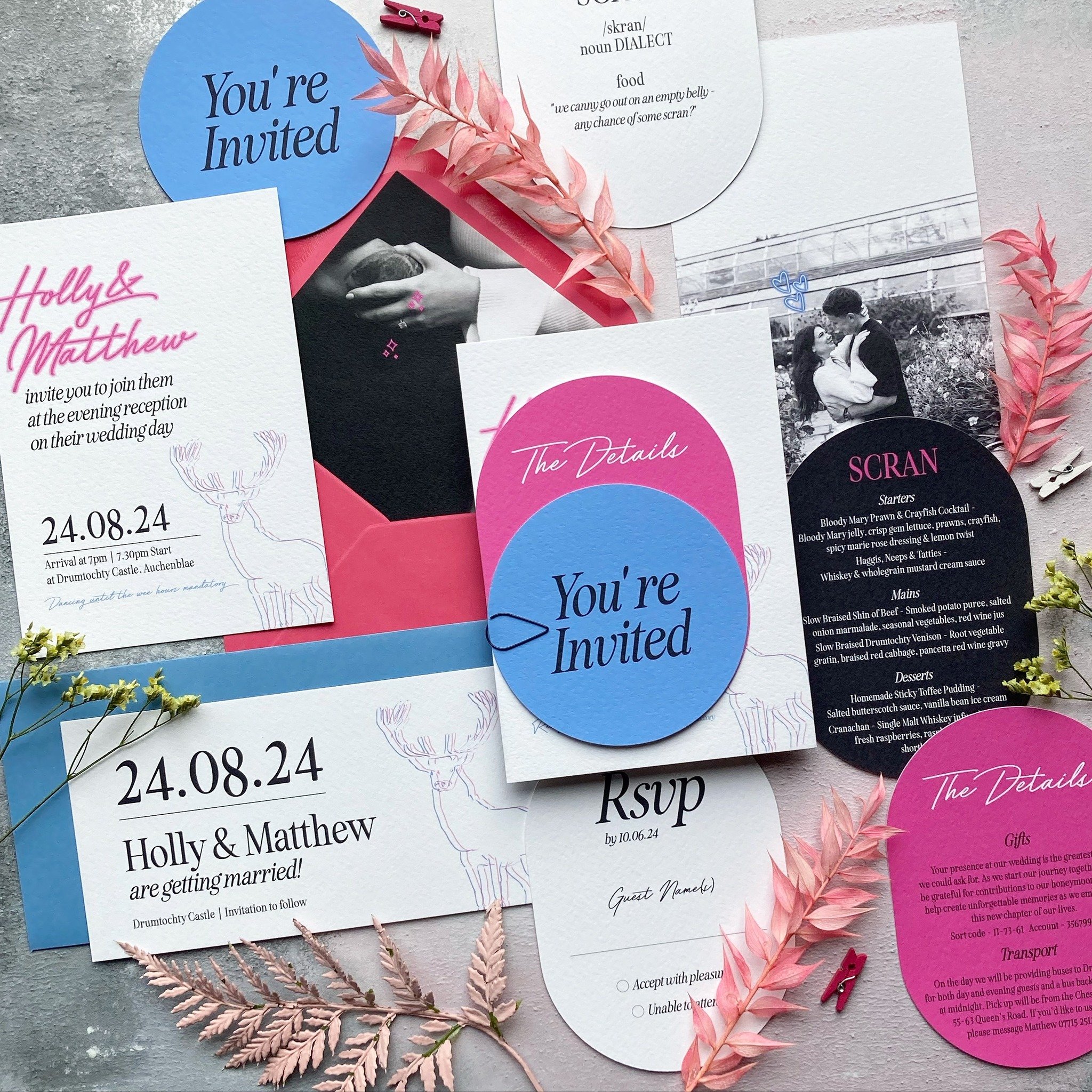Bold colour and shapes layered up to create a fun &amp; quirky suite for Holly &amp; Matthew 🥰
⠀⠀⠀⠀
#weddingstationery #weddinginvitations #invitations #prettypaper #lovepaperco #pursuepretty #modernweddingstationery #scottishwedding #aberdeenshirew