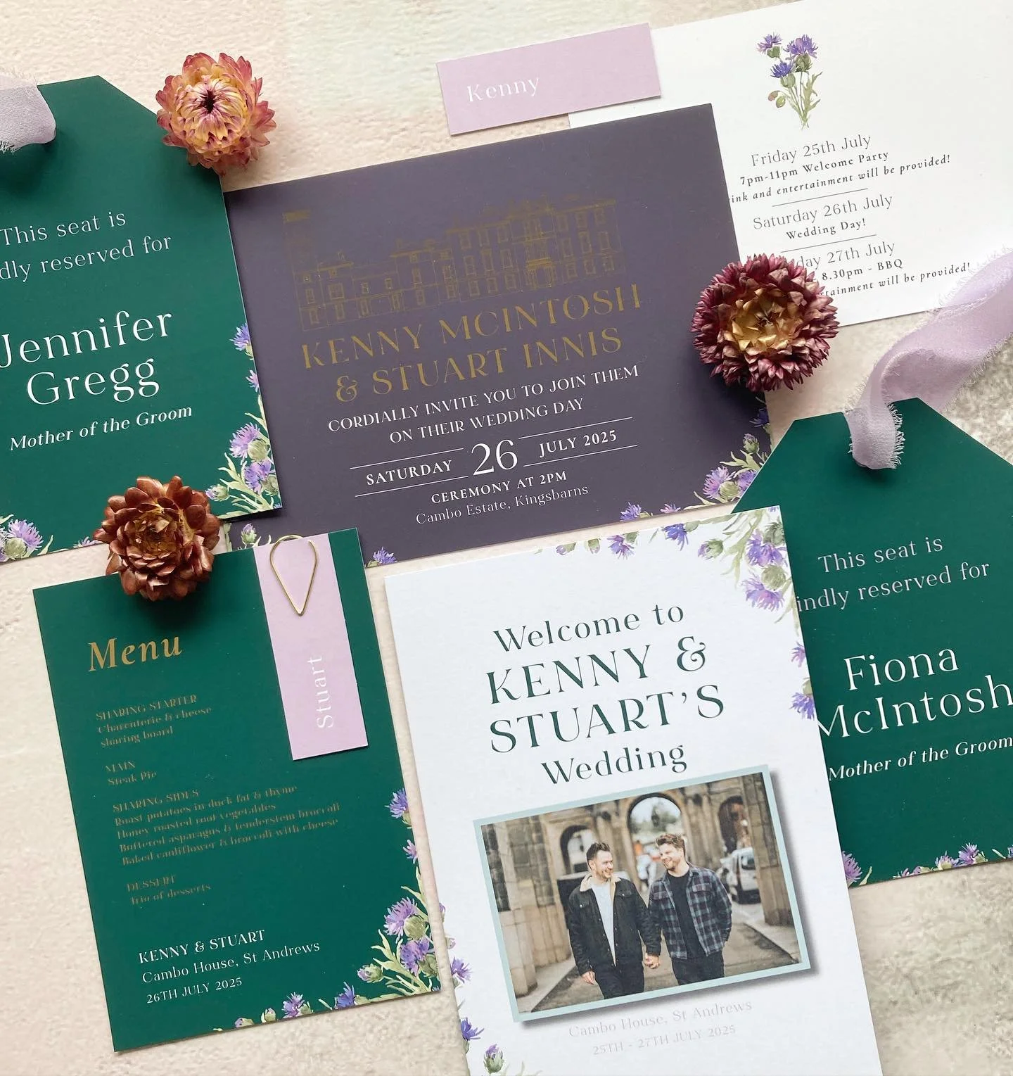 A perfectly coordinating suite of invitation and day stationery for Kenny &amp; Stuart.

Planned to perfection by the lovely @lauramccranorevents at @cambocountryhouse 

Kenny and Stuart went for:
Digital save the dates 
Invitations with foiled venue