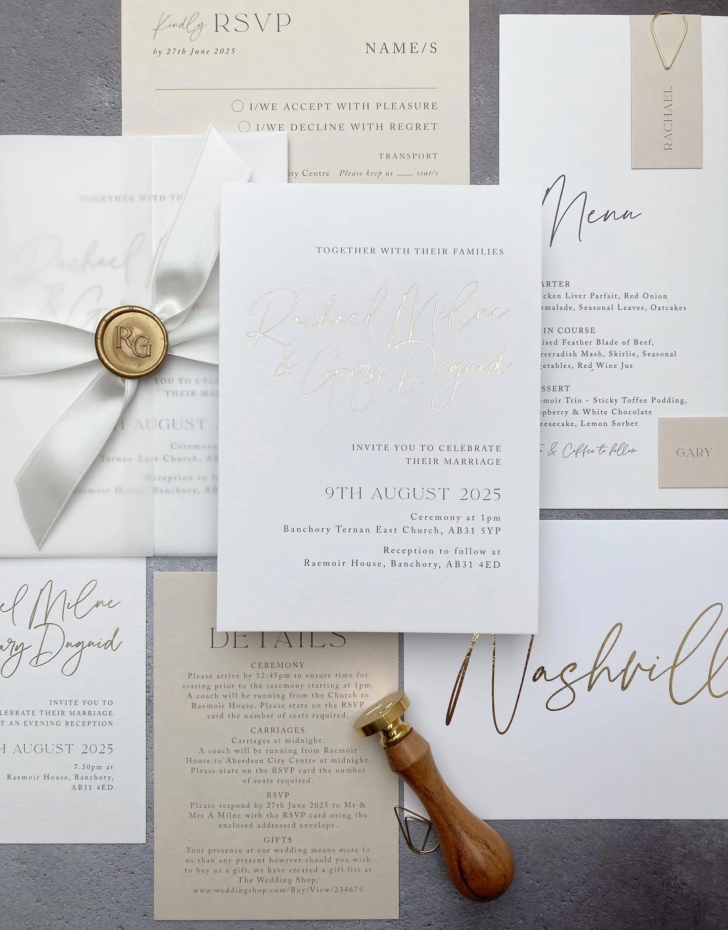 Rachael and Gary chose the &lsquo;Rebecca&rsquo; suite for their big day!

Hot foil, custom wax seals, vellum wrap,  neutral card, and co-ordinating day stationery 🥰
⠀⠀⠀⠀
#weddingstationery #weddinginvitations #invitations #prettypaper #lovepaperco 