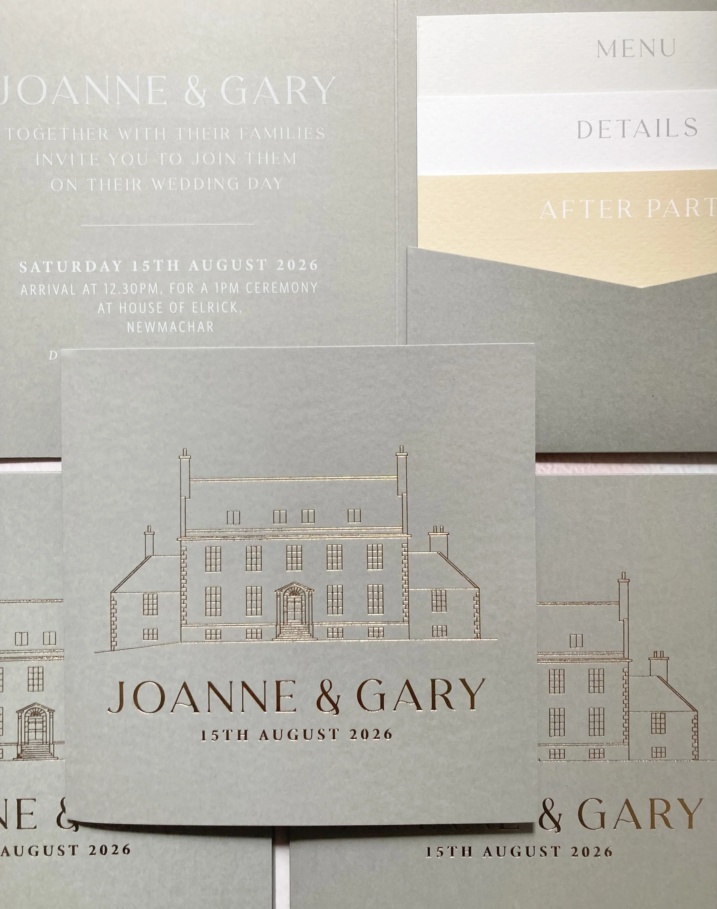 Gold and sage in a classic pocketfold style invite for Joanne &amp; Gary with @houseofelrick venue drawing