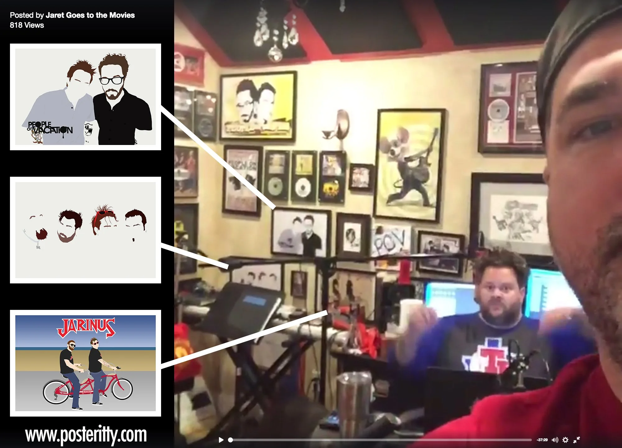 A photo of a room decorated with framed music and band posters on the wall. There are two men with bicycles in the posters, and various decorative items on the wall, including a chandelier. The photo captures part of a person's face and shoulder on t