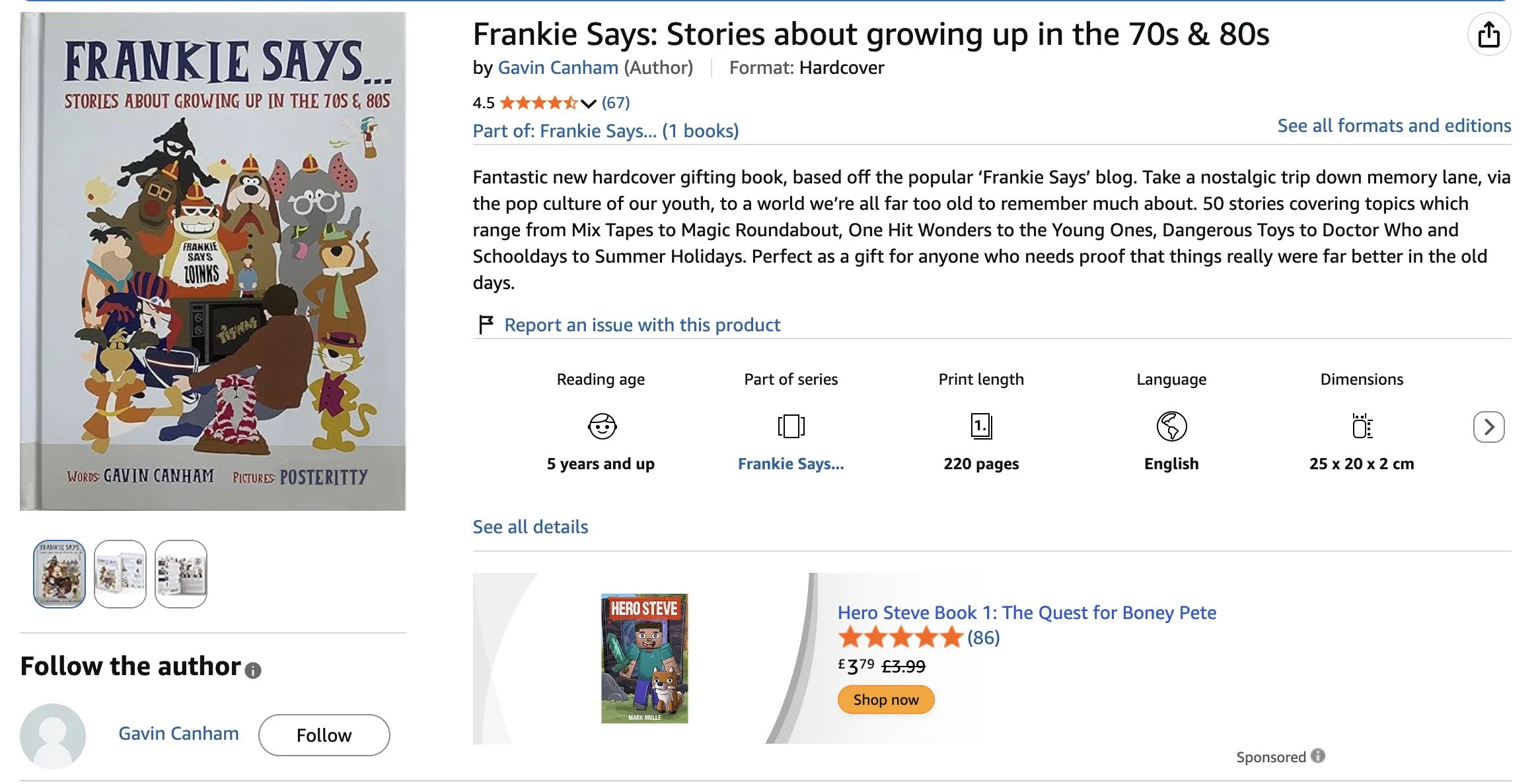 Book cover titled 'Frankie Says: Stories about growing up in the 70s & 80s,' featuring cartoon illustrations of children and animals in retro clothing, with a record player and cassette tapes.