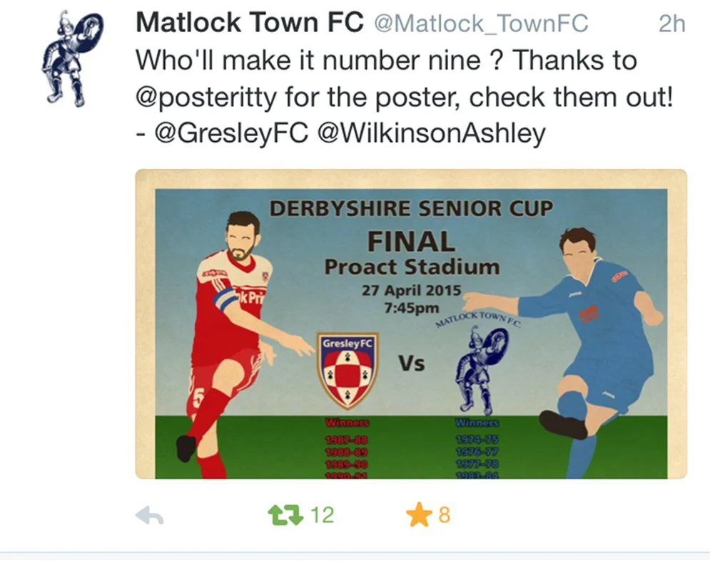 Poster for the Derbyshire Senior Cup Final at Proact Stadium on April 27, 2015, 7:45 pm, featuring illustrations of two soccer players, one in red and the other in blue, representing Gresley FC and Matlock Town FC.