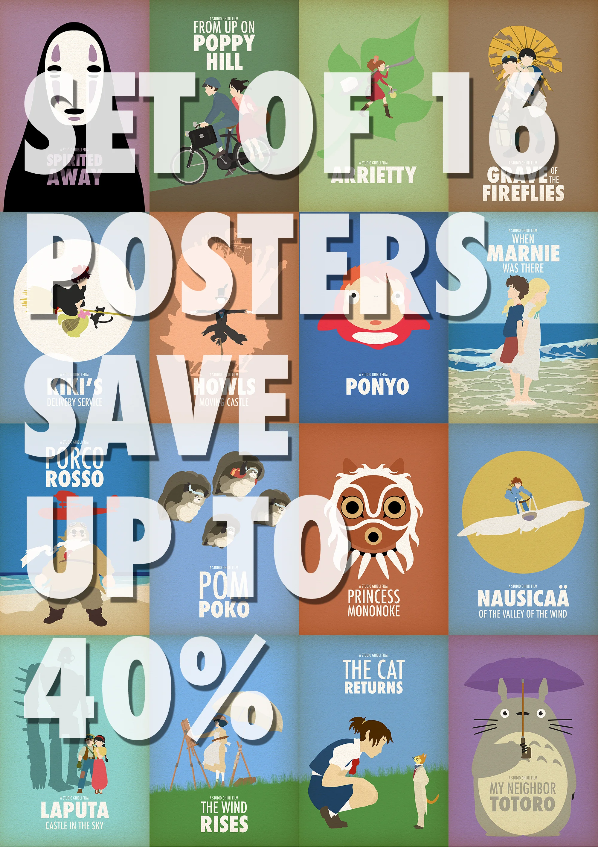 Studio Ghibli - 16 Poster Set - Minimalist Movie Posters