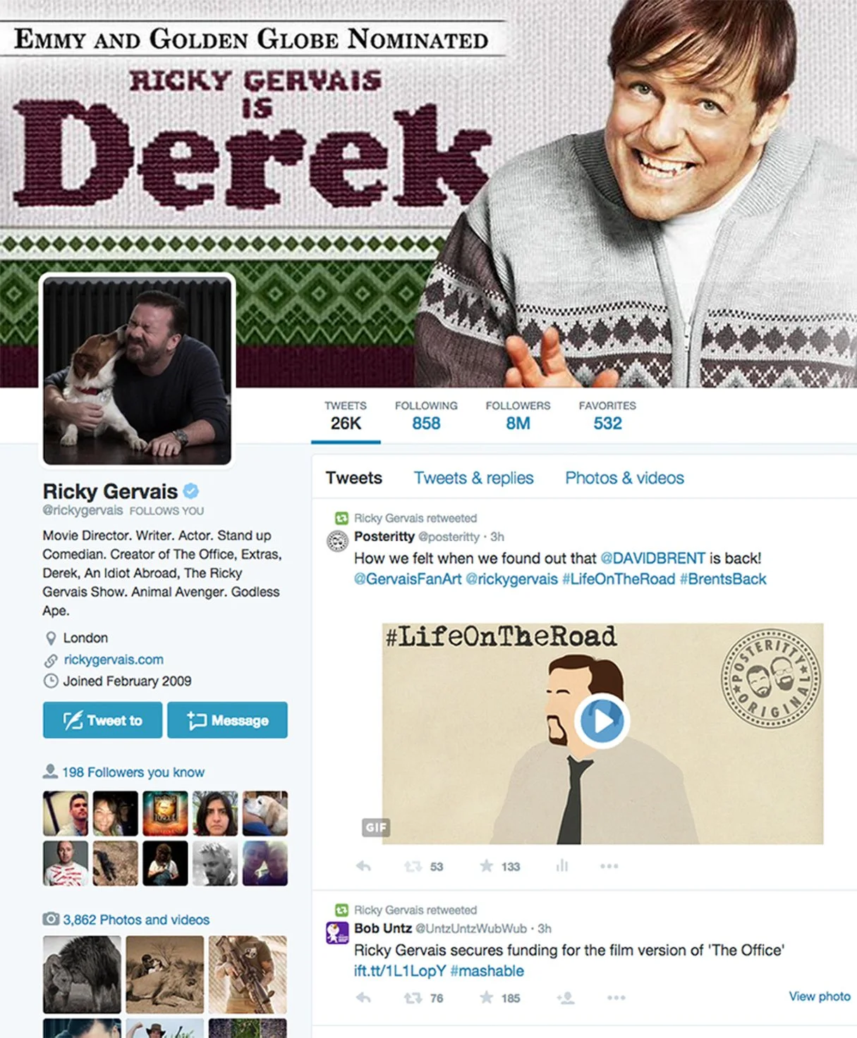 Twitter profile of Ricky Gervais, a comedian, actor, and writer, featuring his profile picture of him smiling and a cover photo with his nominated Emmy and Golden Globe award, and a retweeted post about the return of David Brent, a character created 