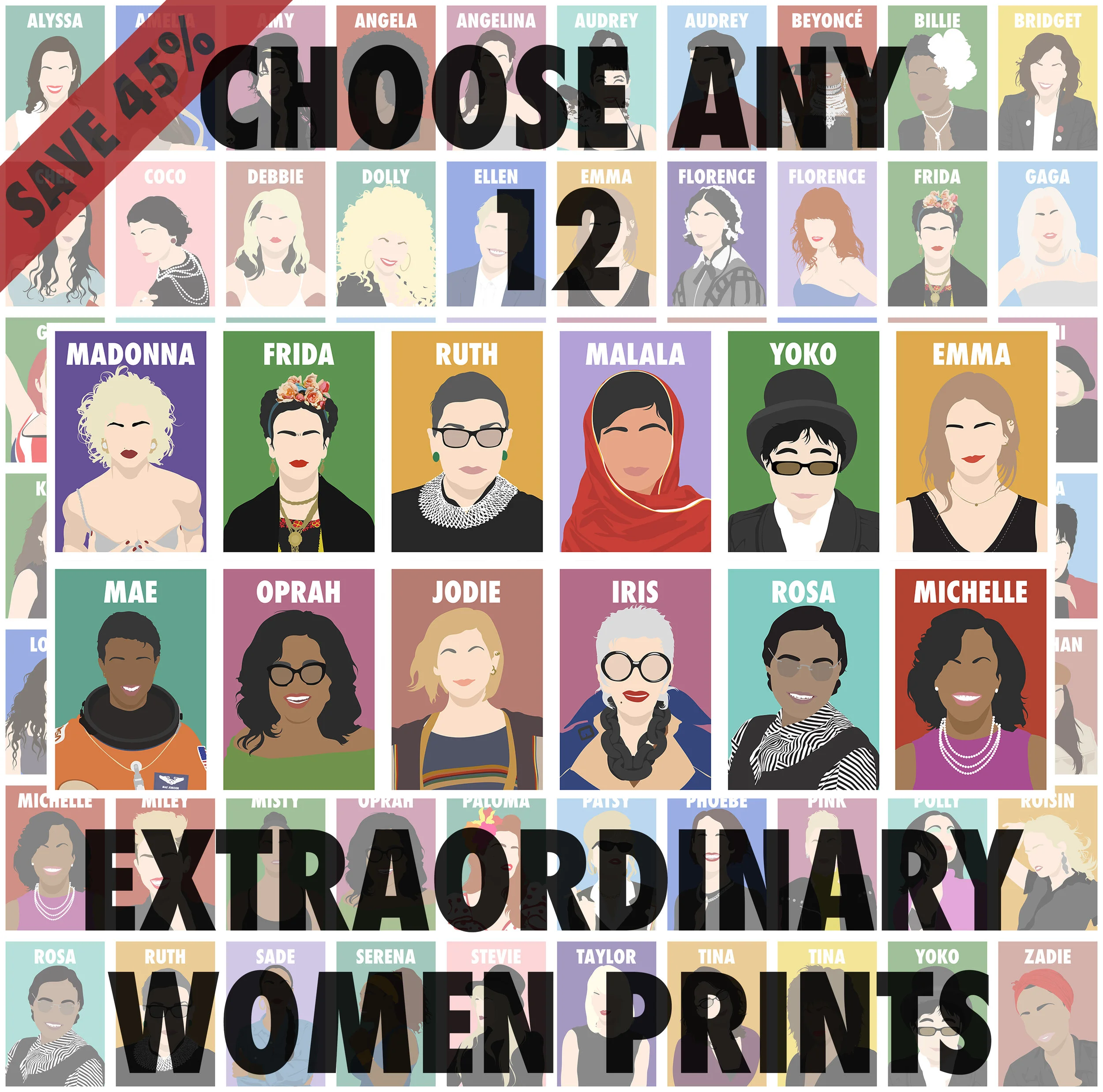 Multibuy Offer (Buy 12 Prints - Save 45%) - Minimal Female Icons Poster