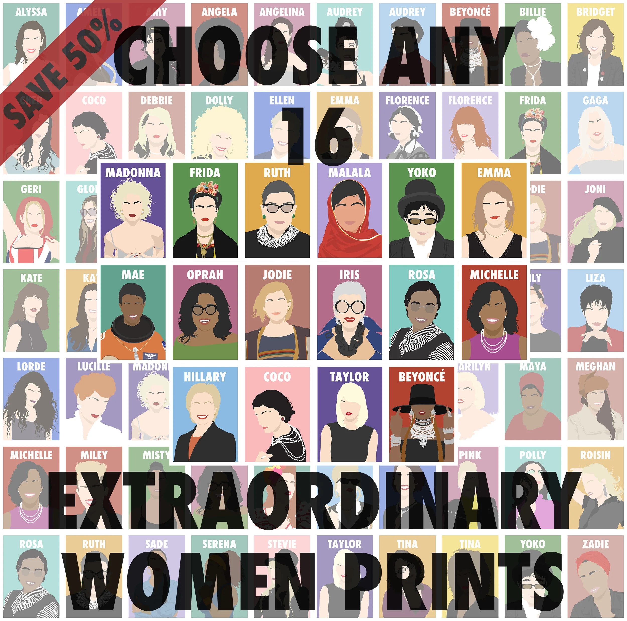 Multibuy Offer (Buy 16 Prints - Save 50%) - Minimal Female Icons Poster