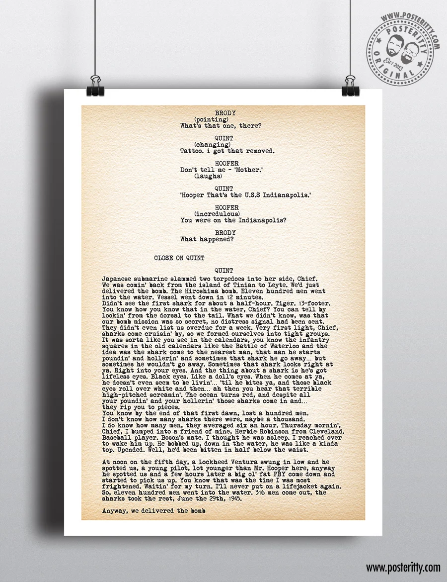 JAWS - Quint Monologue Script Reproduction Poster