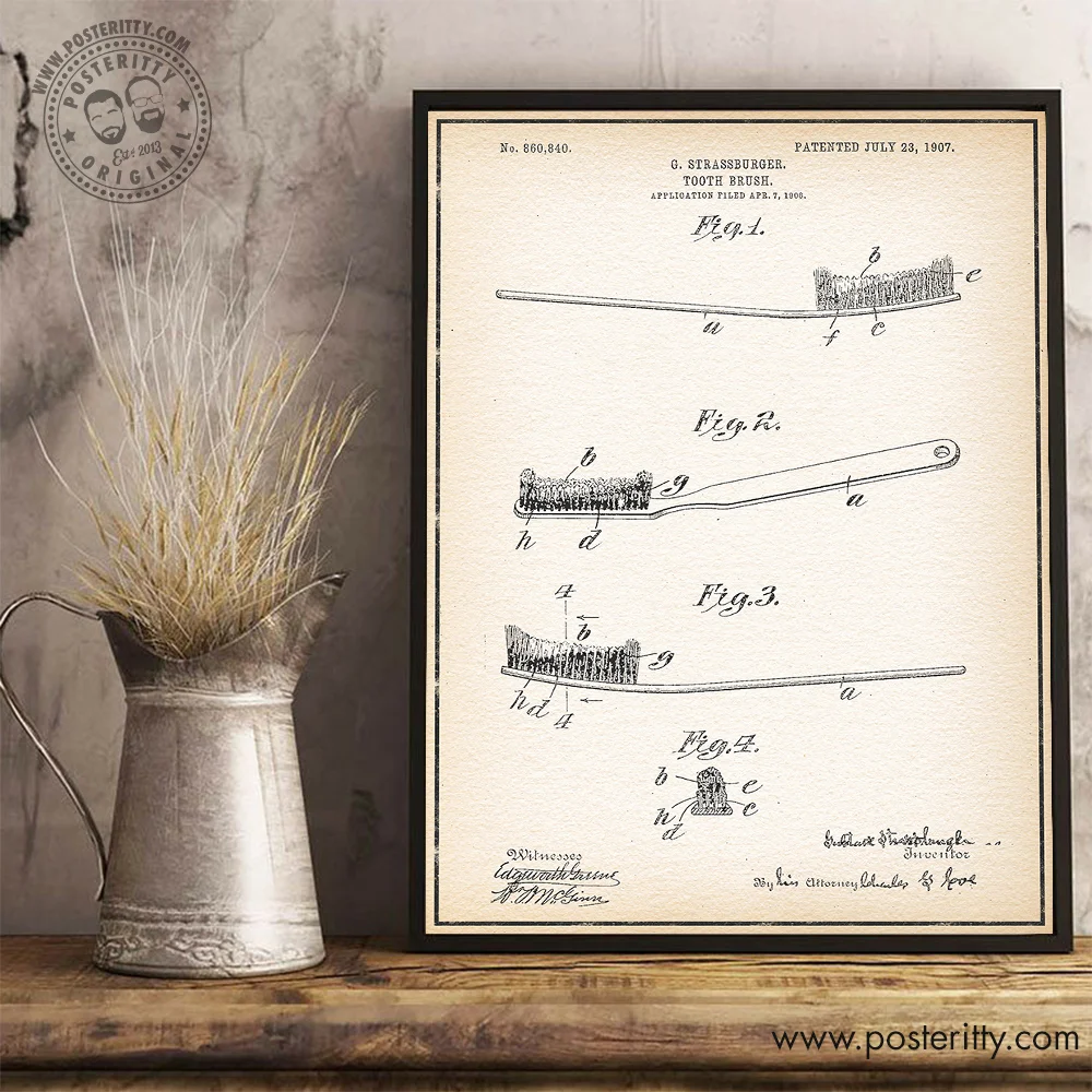 Toothbrush Bathroom - Vintage Patent Poster Retro Blueprint Wall Decor