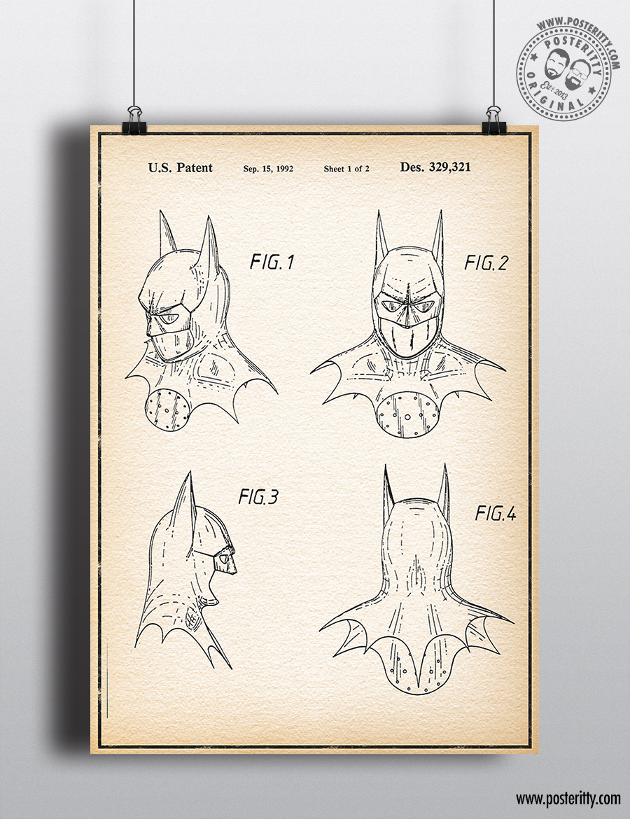 Cowl Mask Batman - Vintage Patent Poster Retro Blueprint Wall Decor —  Posteritty