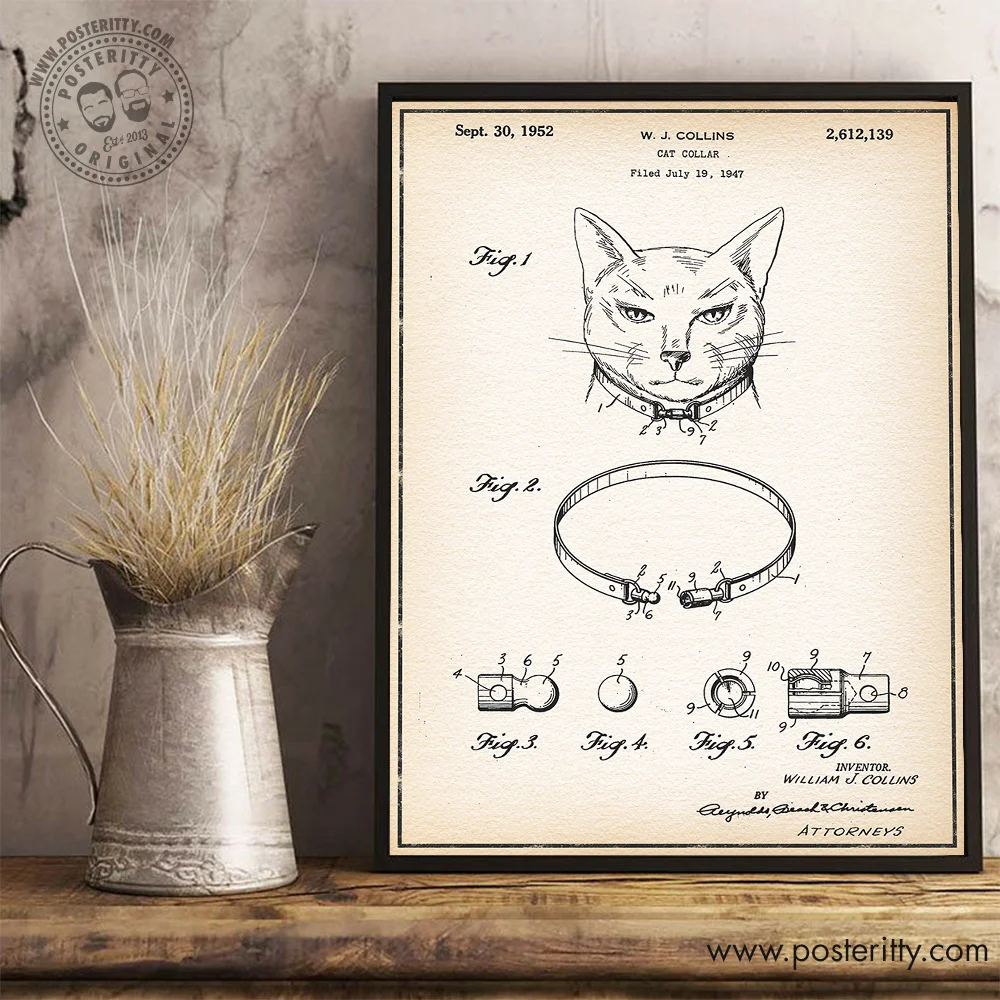 Cat Collar - Vintage Patent Poster Retro Blueprint Wall Decor