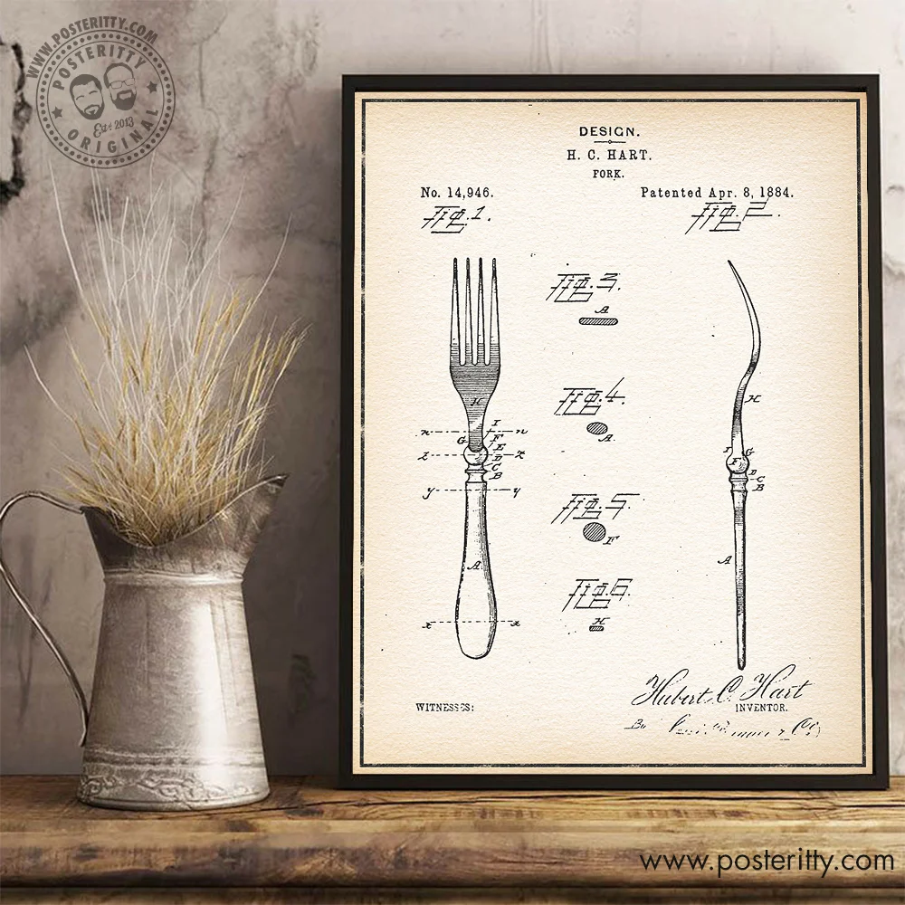 Cutlery Fork - Vintage Patent Poster Retro Blueprint Wall Decor
