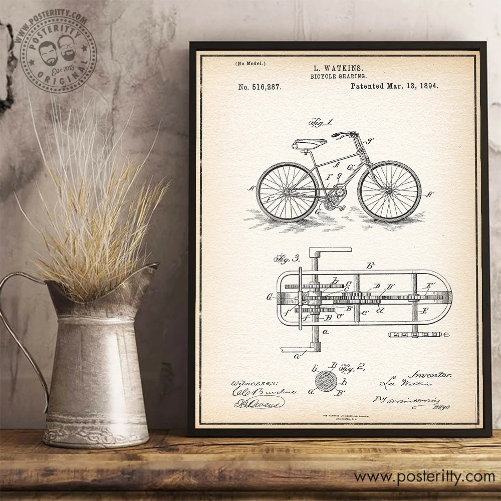 Cycling Bicycle Gears - Vintage Patent Poster Retro Blueprint Wall Decor