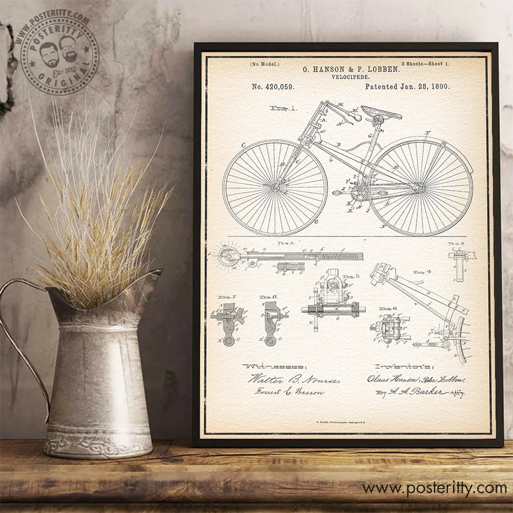 Cycling Velocipede - Vintage Patent Poster Retro Blueprint Wall Decor