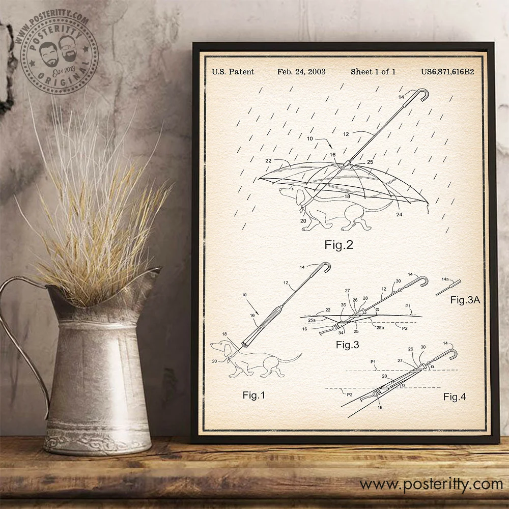 Dog Umbrella - Vintage Patent Poster Retro Blueprint Wall Decor