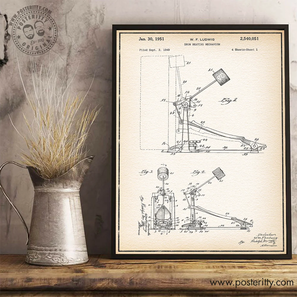 Drum Bass Pedal - Vintage Patent Poster Retro Blueprint Wall Decor