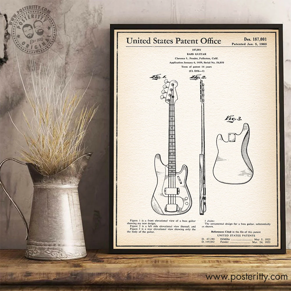 Bass Guitar - Vintage Patent Poster Retro Blueprint Wall Decor