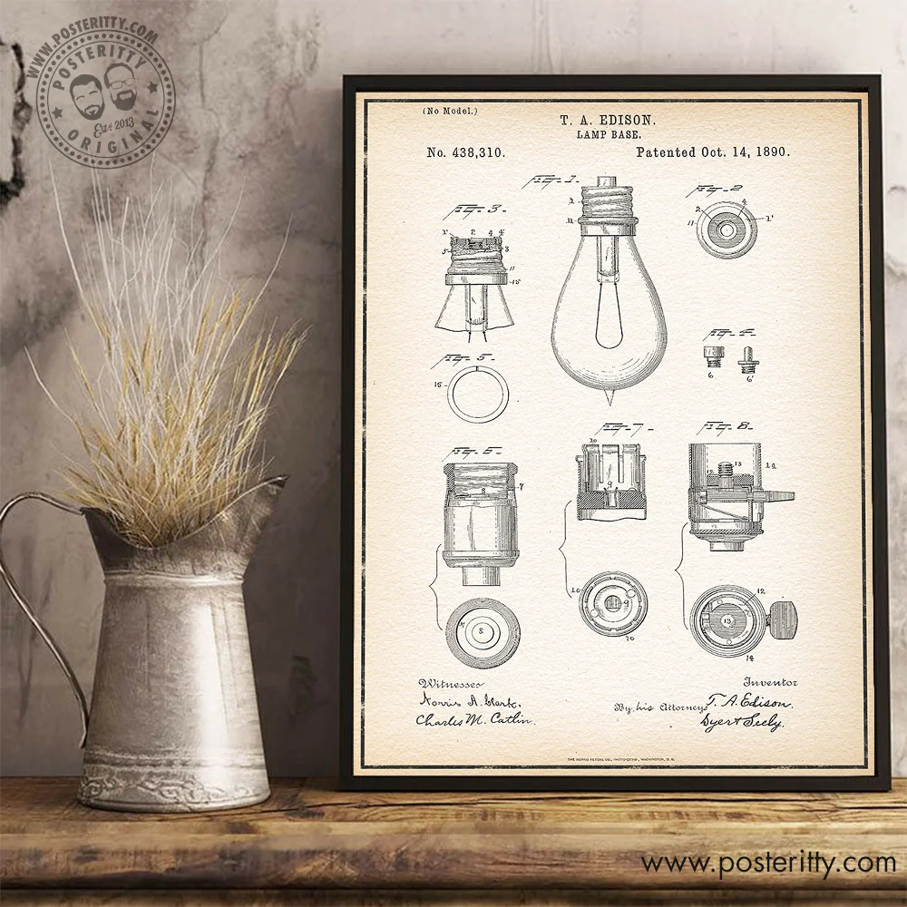 Lightbulb (Edison) - Vintage Patent Poster Retro Blueprint Wall Decor