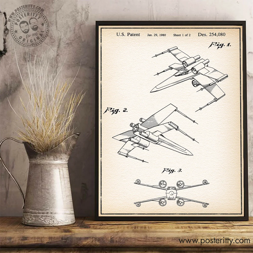 X-Wing Star Wars Toys - Vintage Patent Poster Retro Blueprint Wall Decor