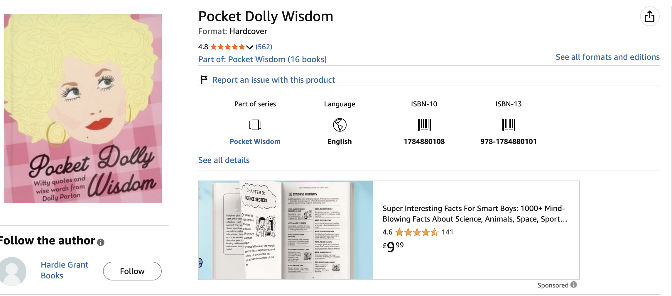 Cover of a book titled "Pocket Dolly Wisdom" featuring an illustrated woman with blonde curly hair, red lips, and makeup, with background in pink and yellow tones. The book has quotes and wise words from Dolly Parton.