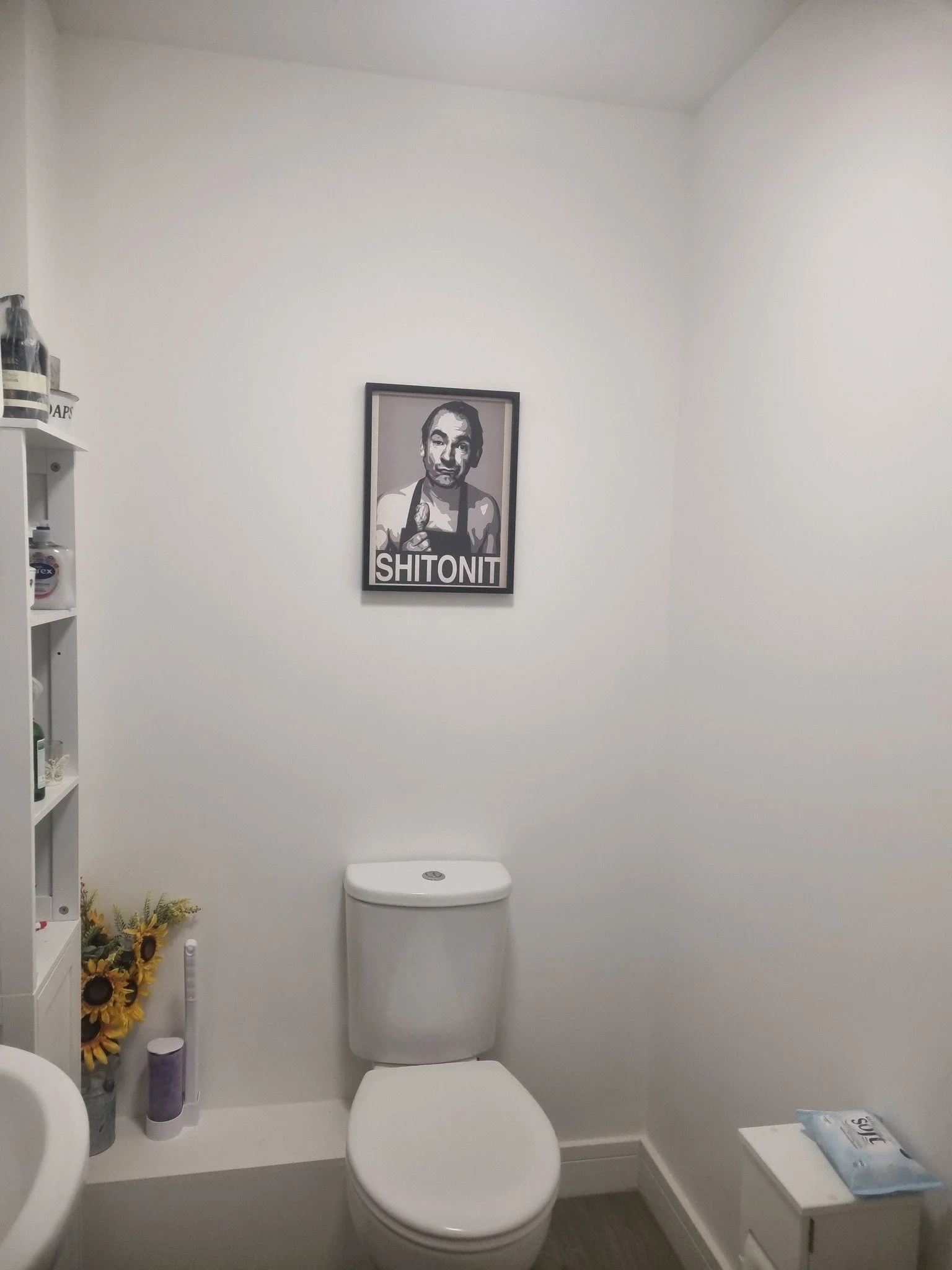 A small bathroom with white walls, a toilet, a small white cabinet with sunflower decorations, a toilet paper roll, and a framed black-and-white artwork of a woman holding a microphone with the text 'SHITONIT'.
